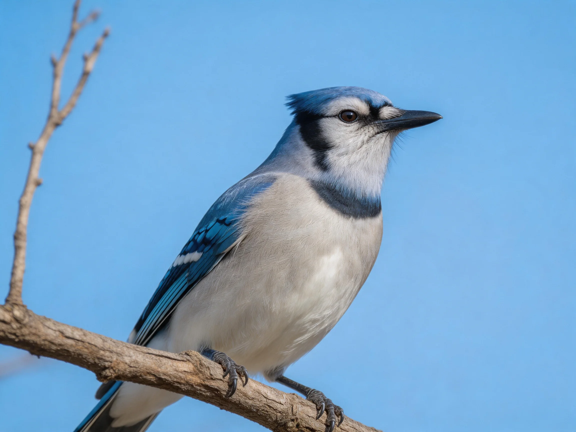 A vibrant blue jay perches on a bare tree branch under clear sky