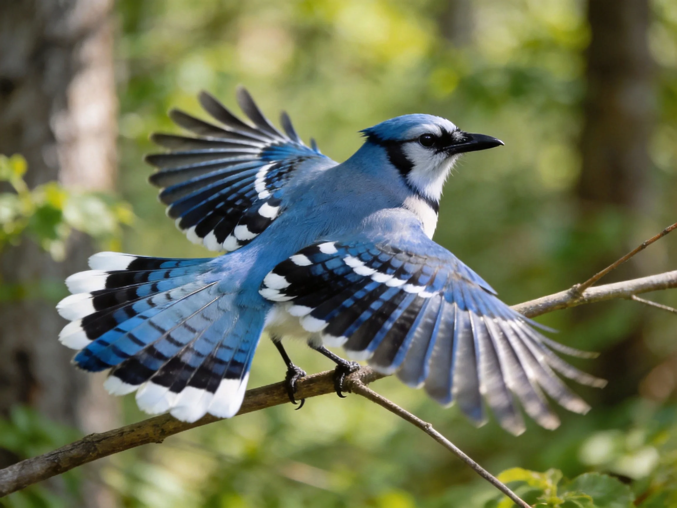 A vibrant blue jay spreads colorful wings on a tree branch