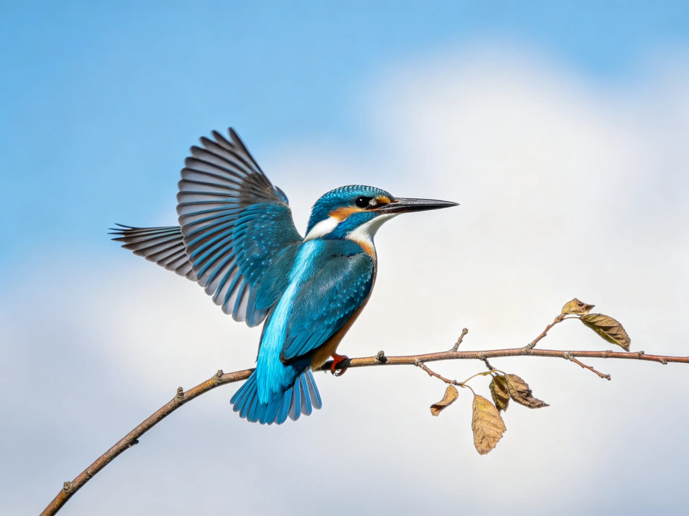 A vibrant blue kingfisher perched on a bare tree branch