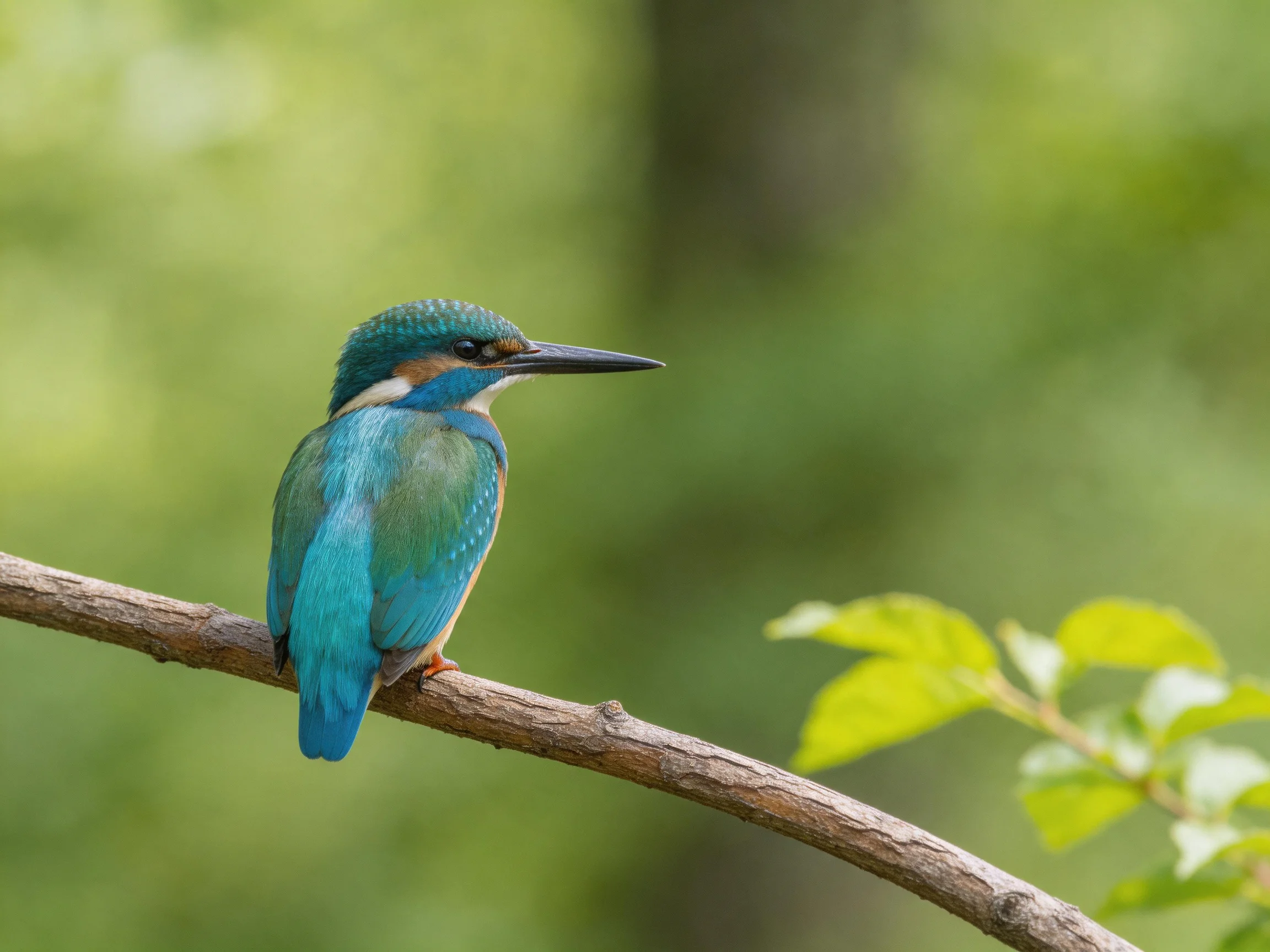 A vibrant blue kingfisher perches on a slender tree branch