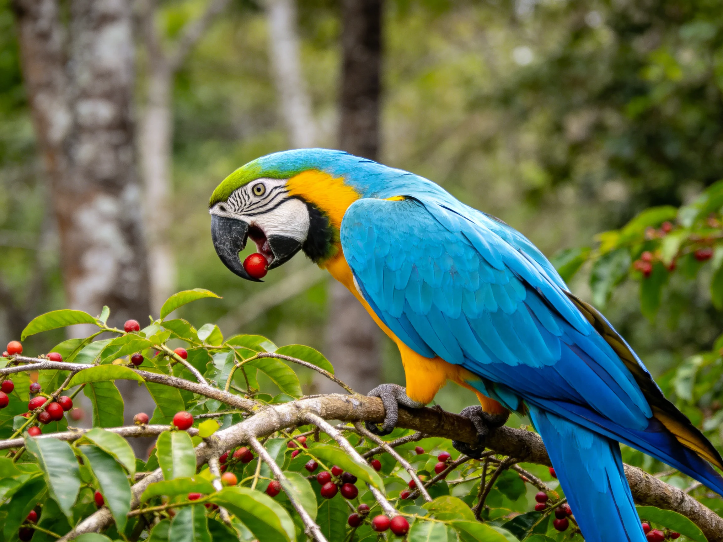 A vibrant blue macaw eating red berries on a tree branch