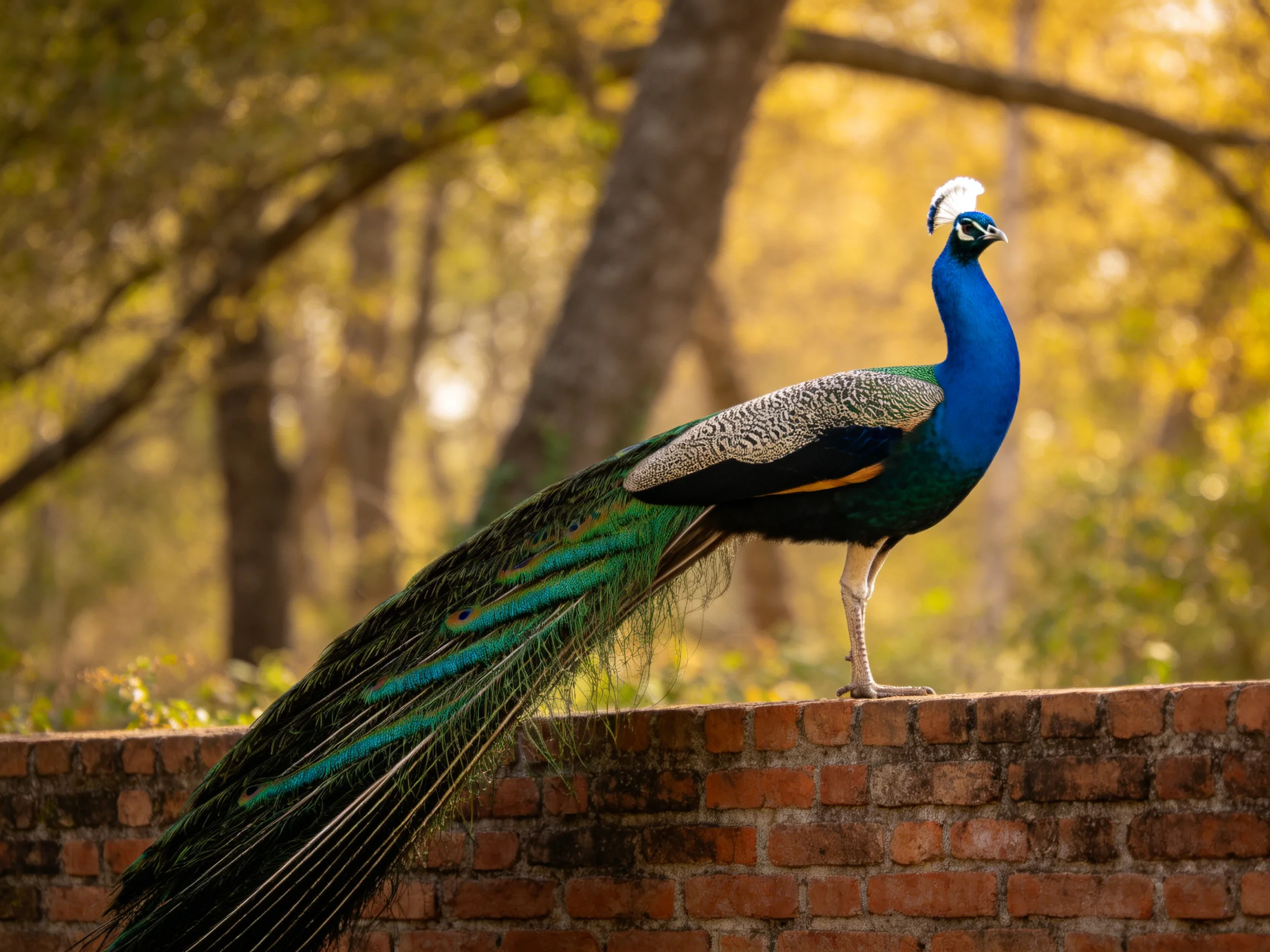 A colorful peacock stands atop a brick wall in a sunlit forest setting.
