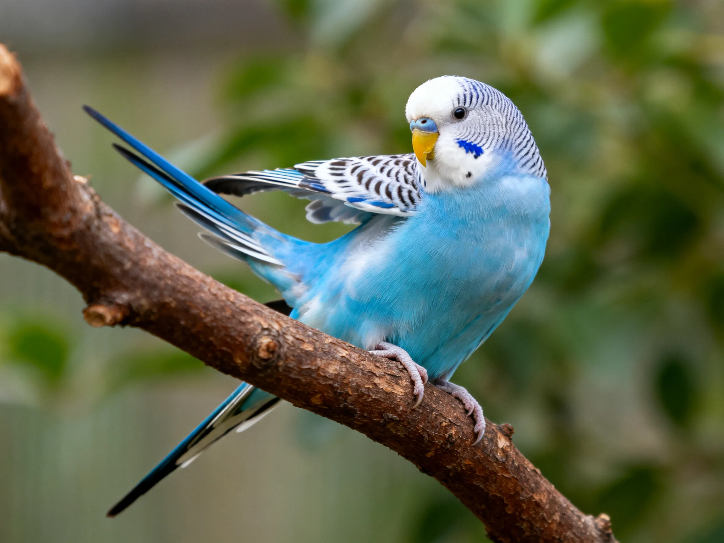 A vibrant blue parakeet perched on a brown tree branch