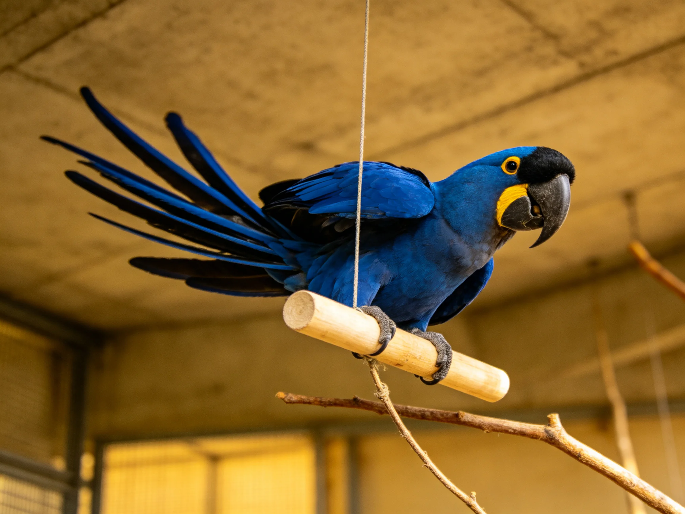 A vibrant blue parrot perches on a wooden dowel in an enclosure