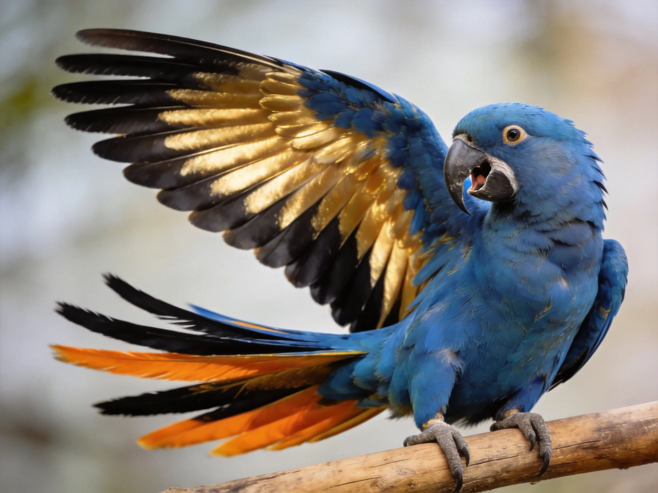 A vibrant blue parrot showcases black-gold wings and orange tail