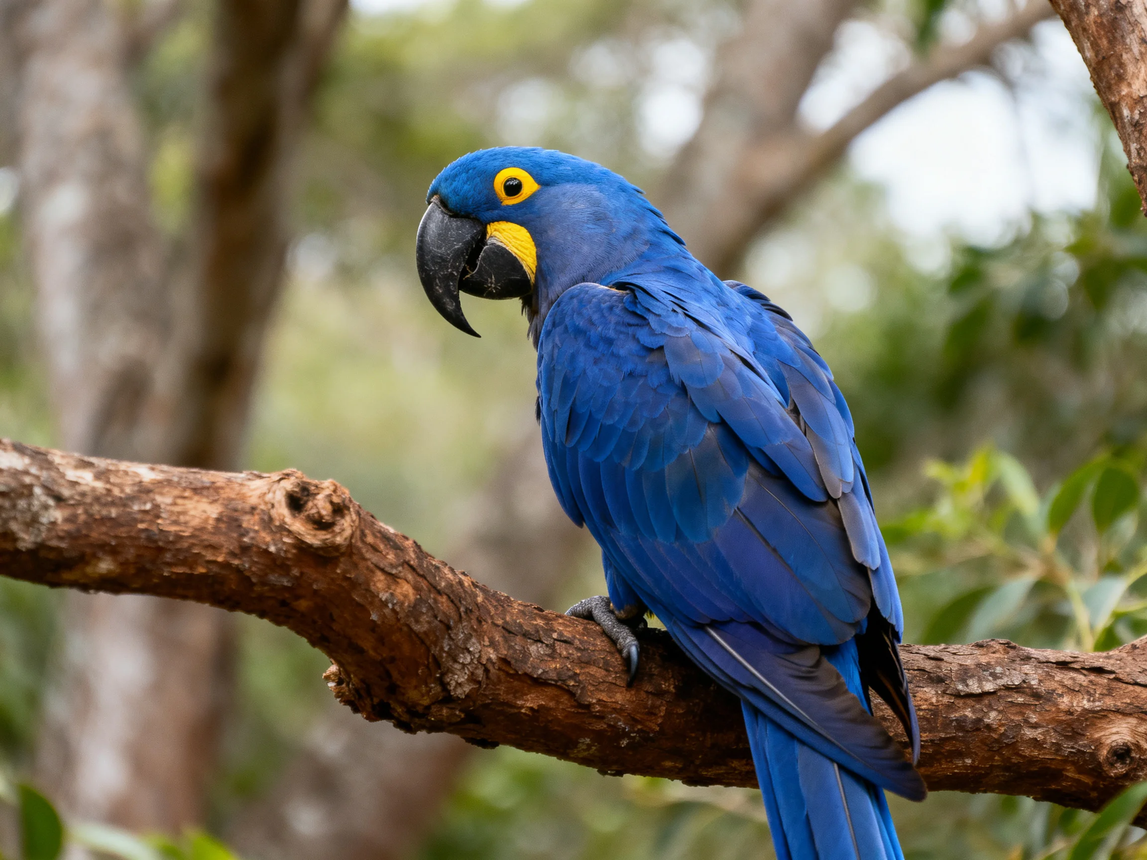 A vibrant blue parrot with yellow markings perches on a brown tree branch