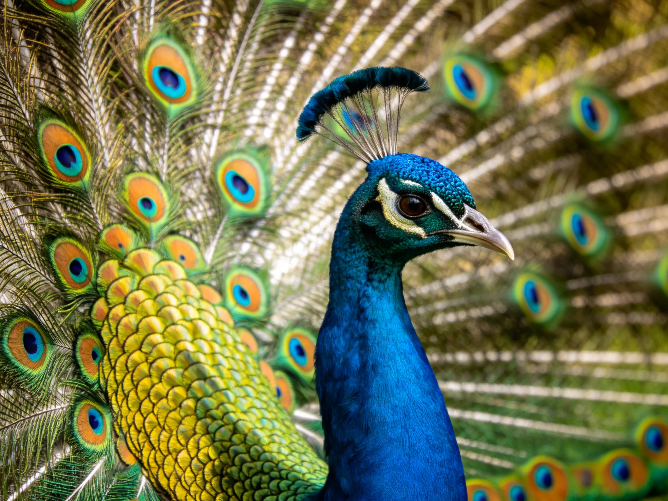 A vibrant blue peacock displays colorful, fanned tail feathers