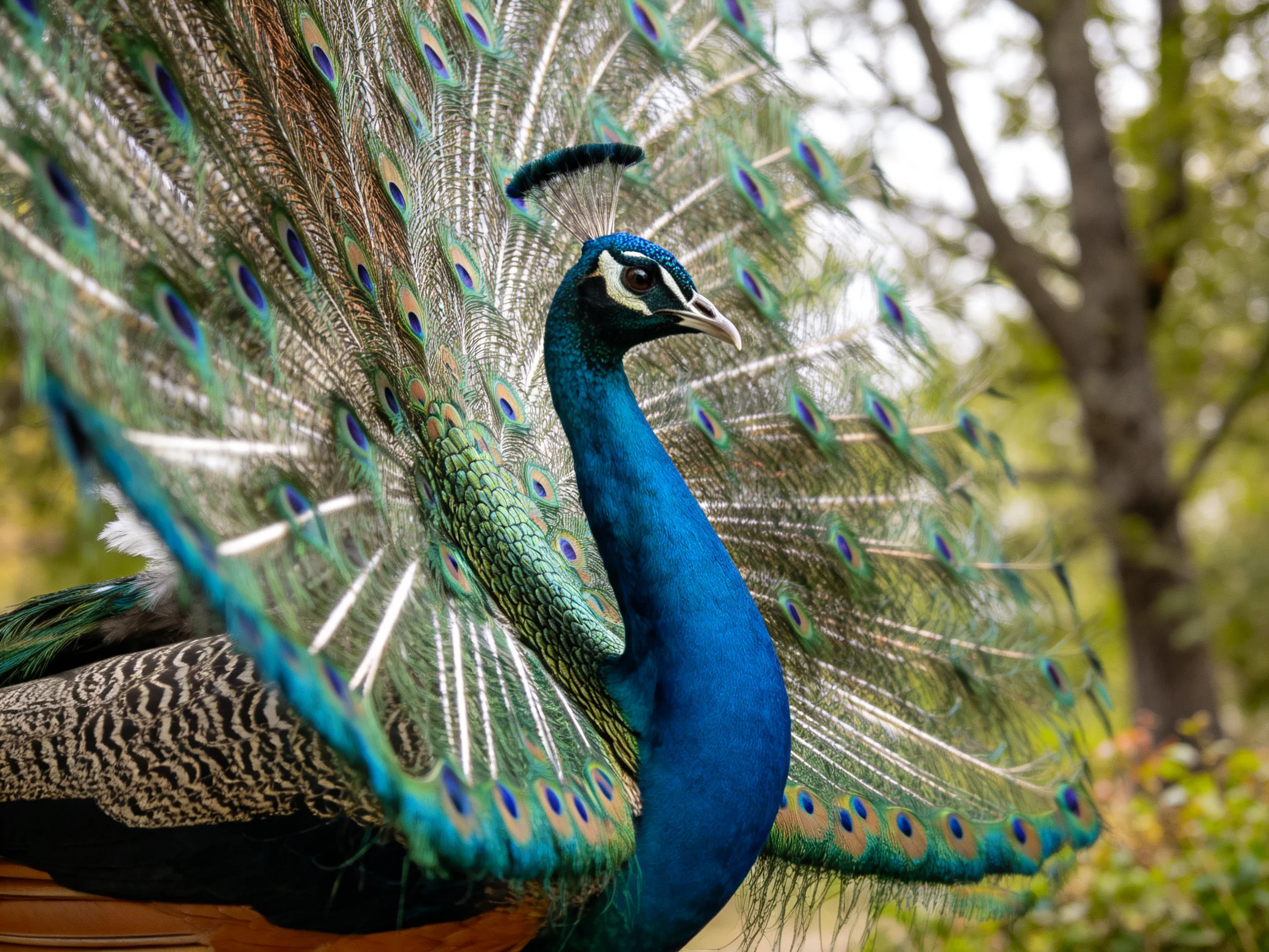 A vibrant blue peacock displays elaborate green-tinted tail feathers