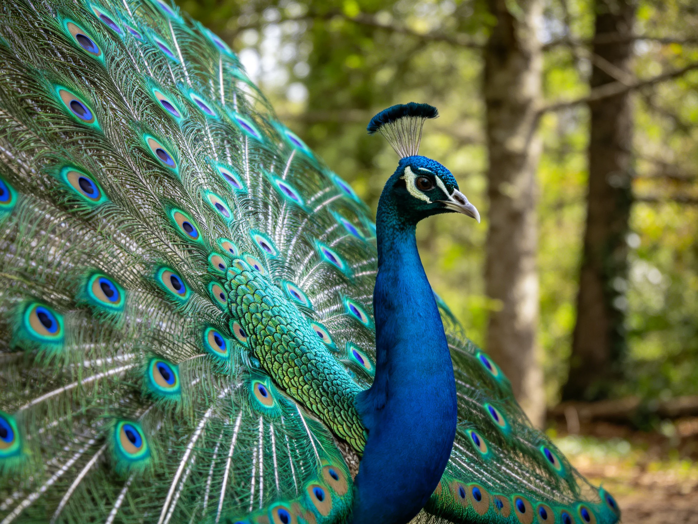 A vibrant blue peacock displays elaborate turquoise and teal tail feathers