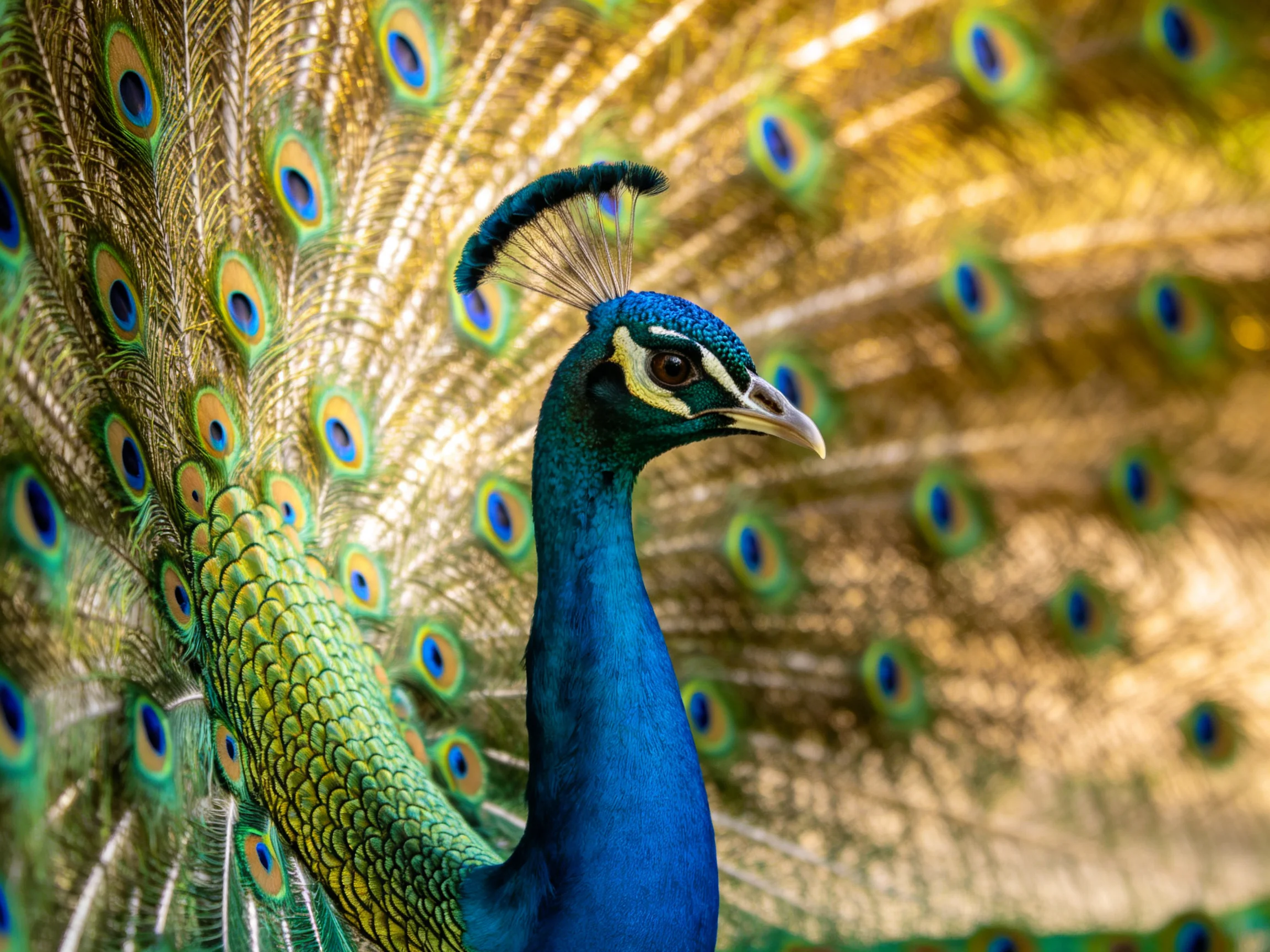 A vibrant blue peacock displays fanned tail feathers with iridescent eyespots