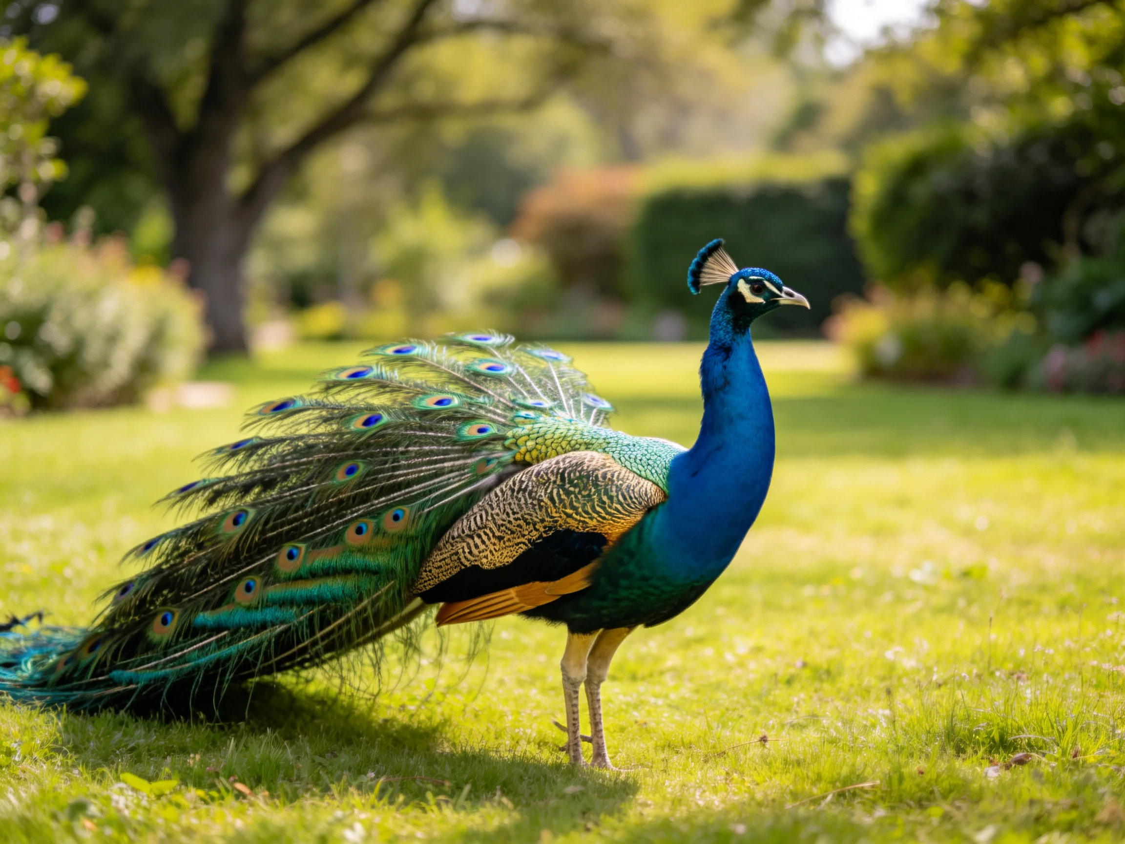 A vibrant blue peacock displays iridescent tail feathers in a sunlit garden