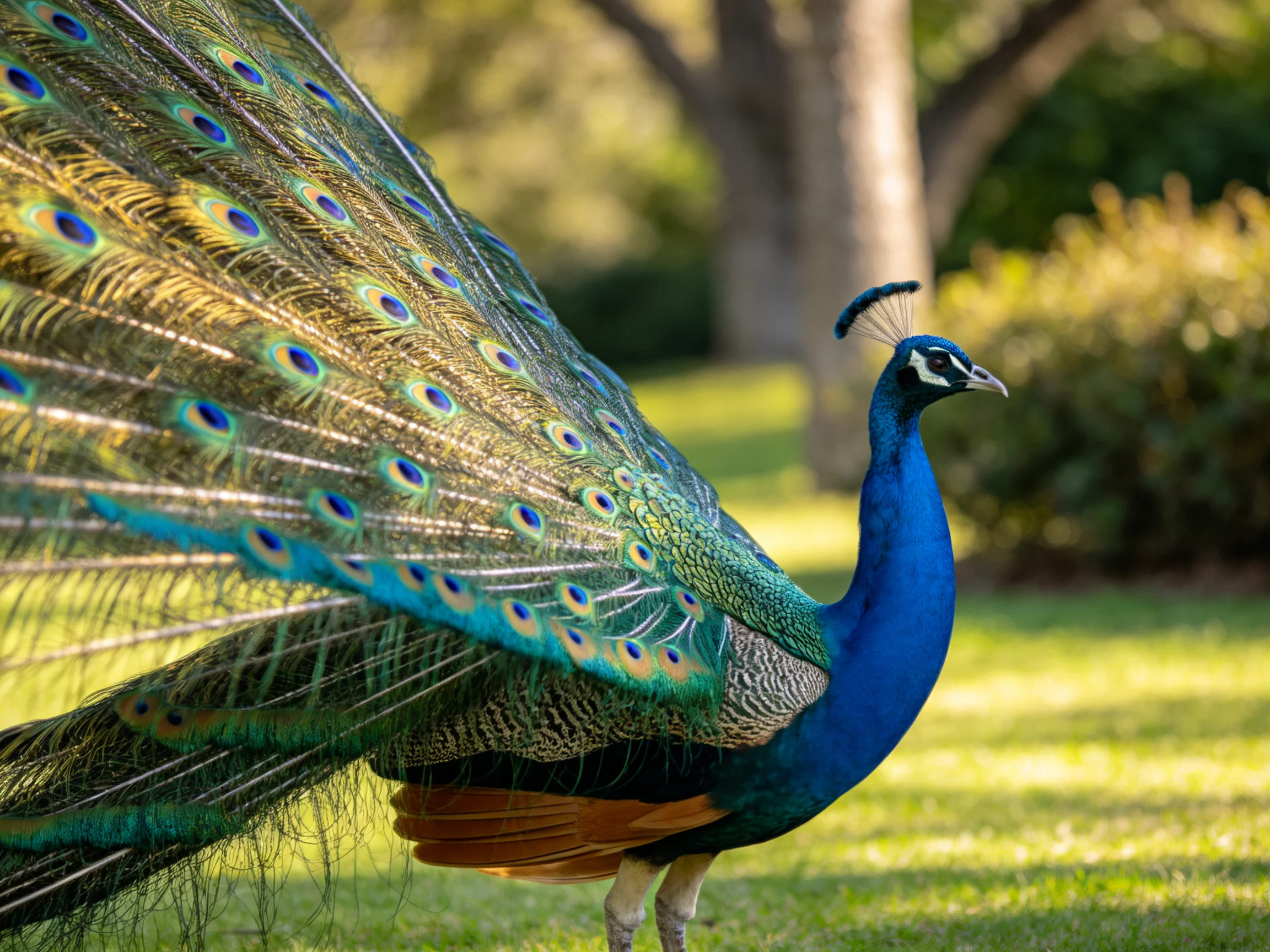 A vibrant blue peacock displays iridescent tail feathers outdoors