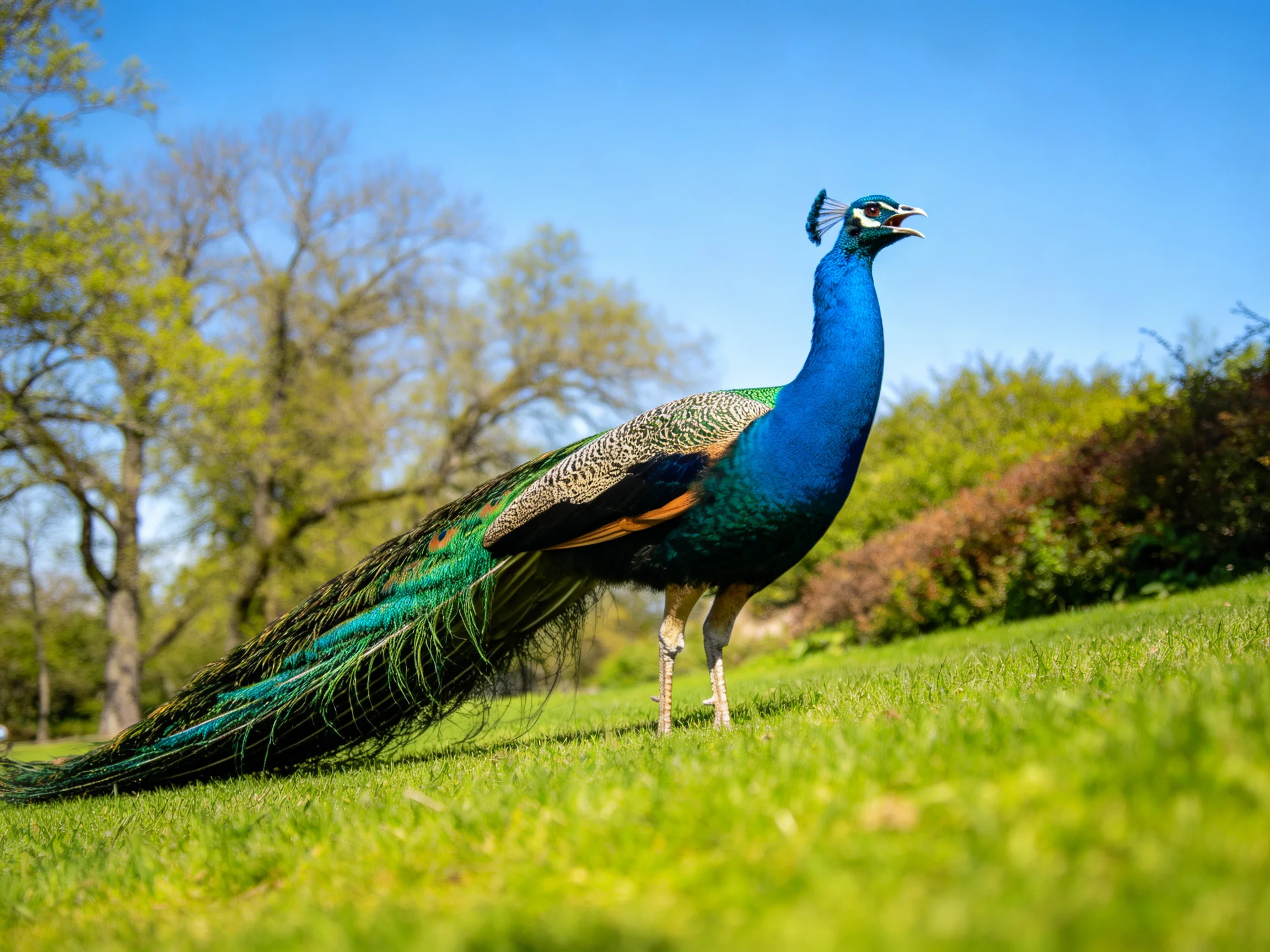 A vibrant blue peacock stands on lush green grass