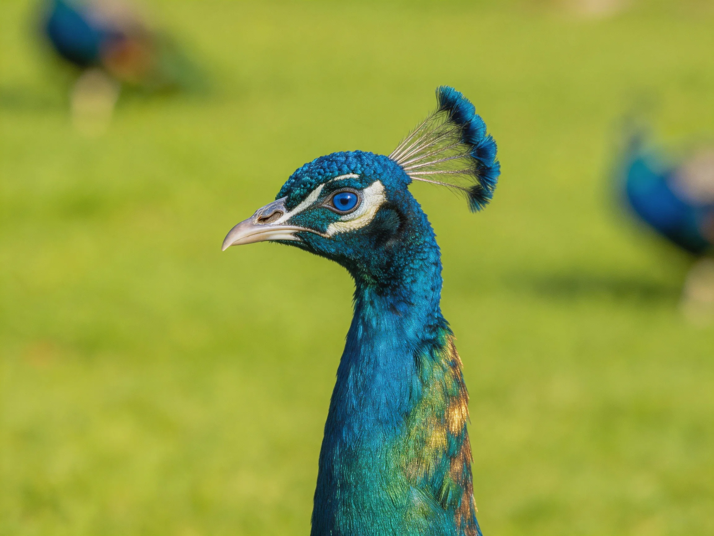 A vibrant blue peacock with raised crest feather in focus
