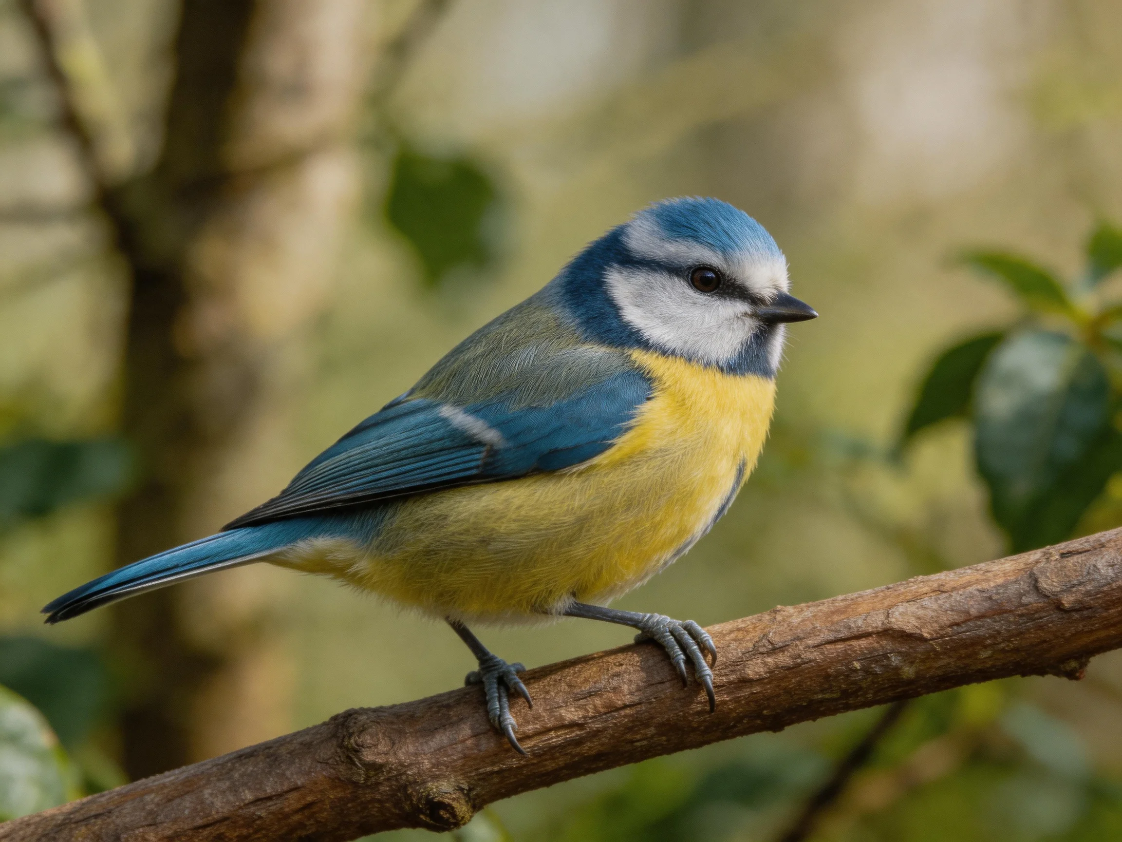 A vibrant blue tit perched on a brown tree branch