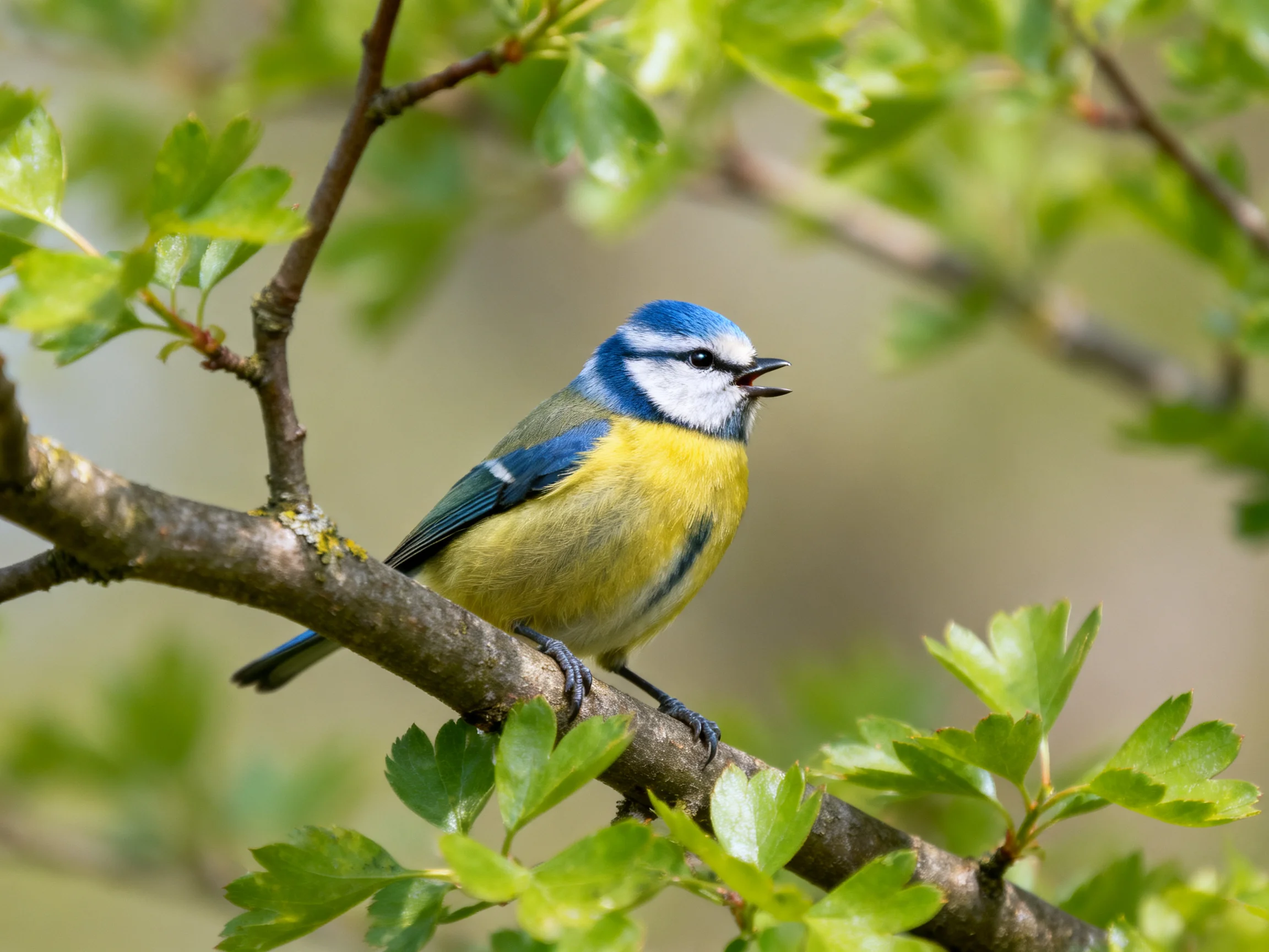 A vibrant blue tit perched on a leafy tree branch