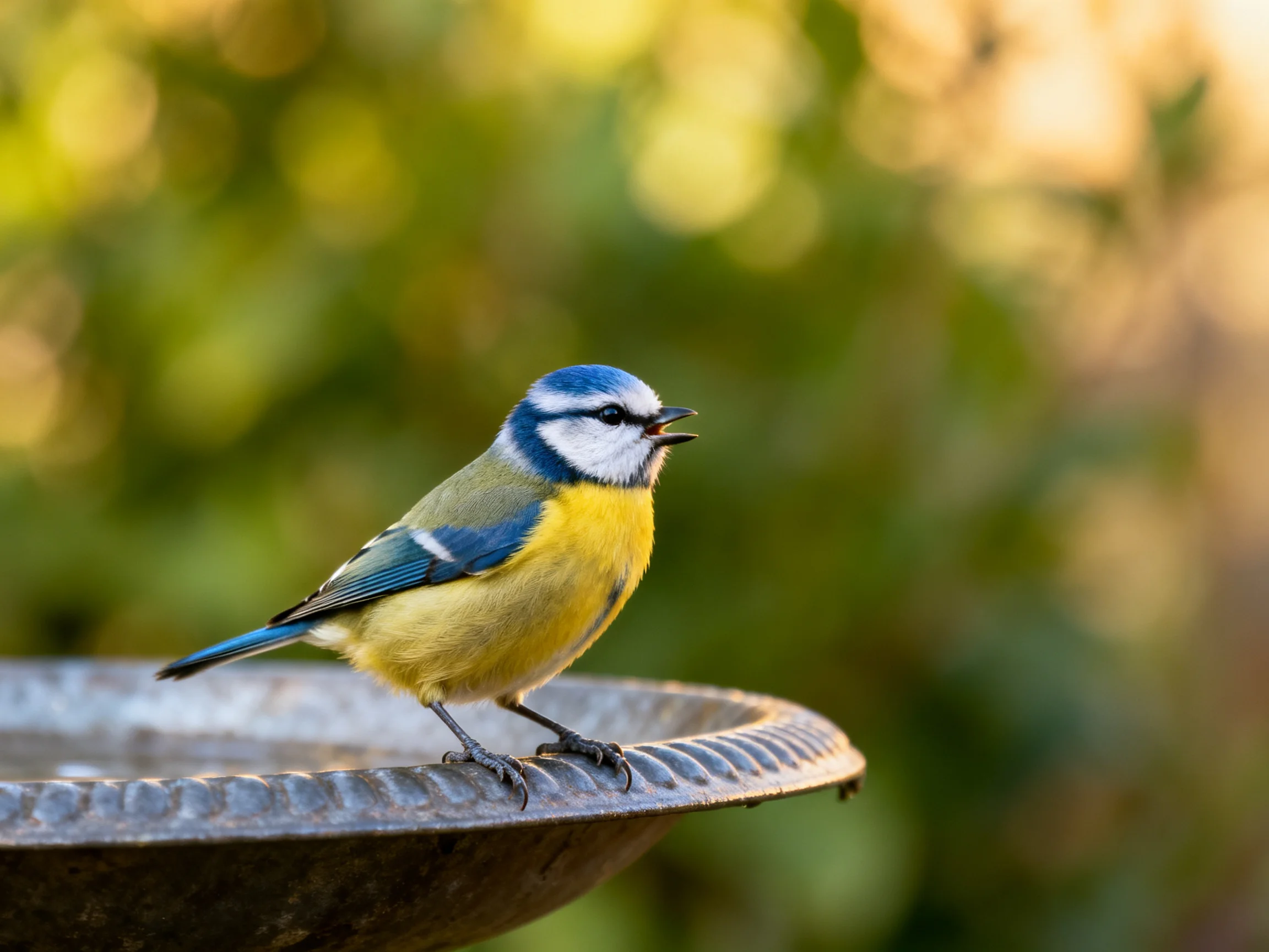 A vibrant blue tit perches on an aged metal birdbath