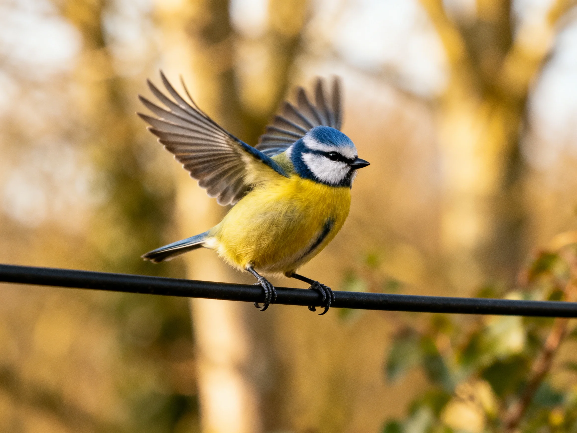 A vibrant blue tit with outstretched wings perches on a wire.