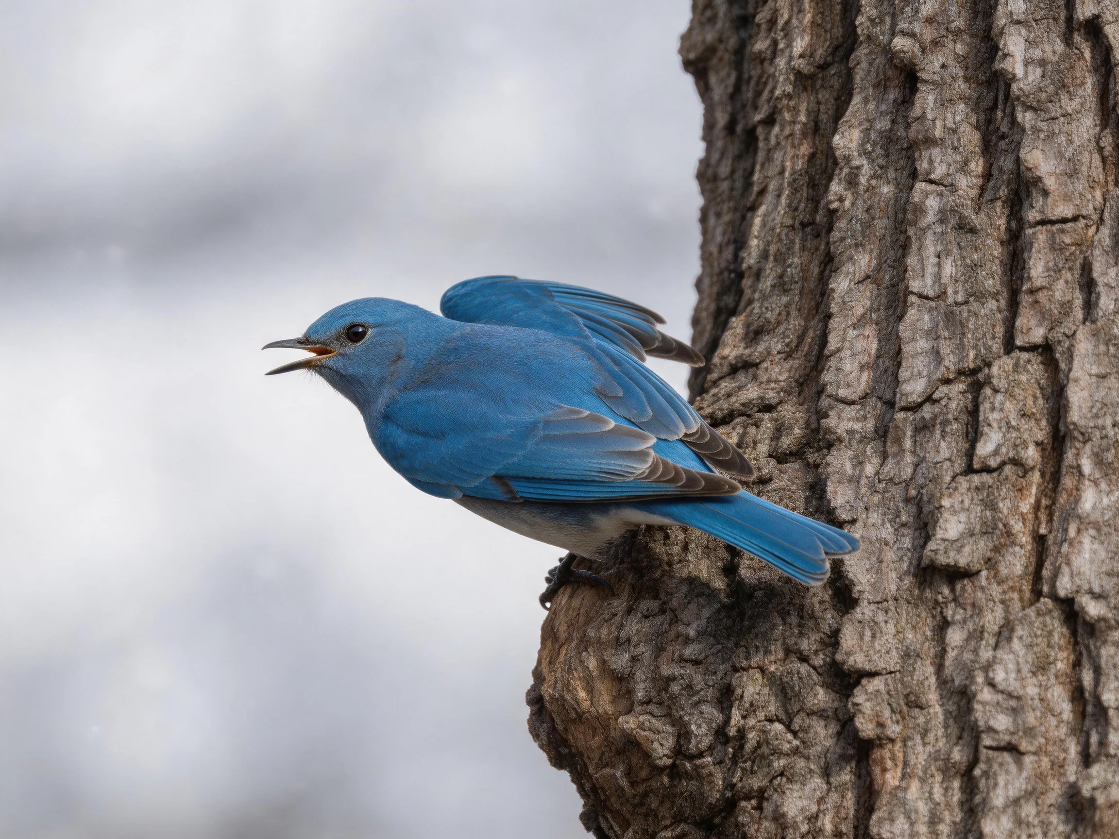 A vibrant bluebird perched on a textured tree trunk