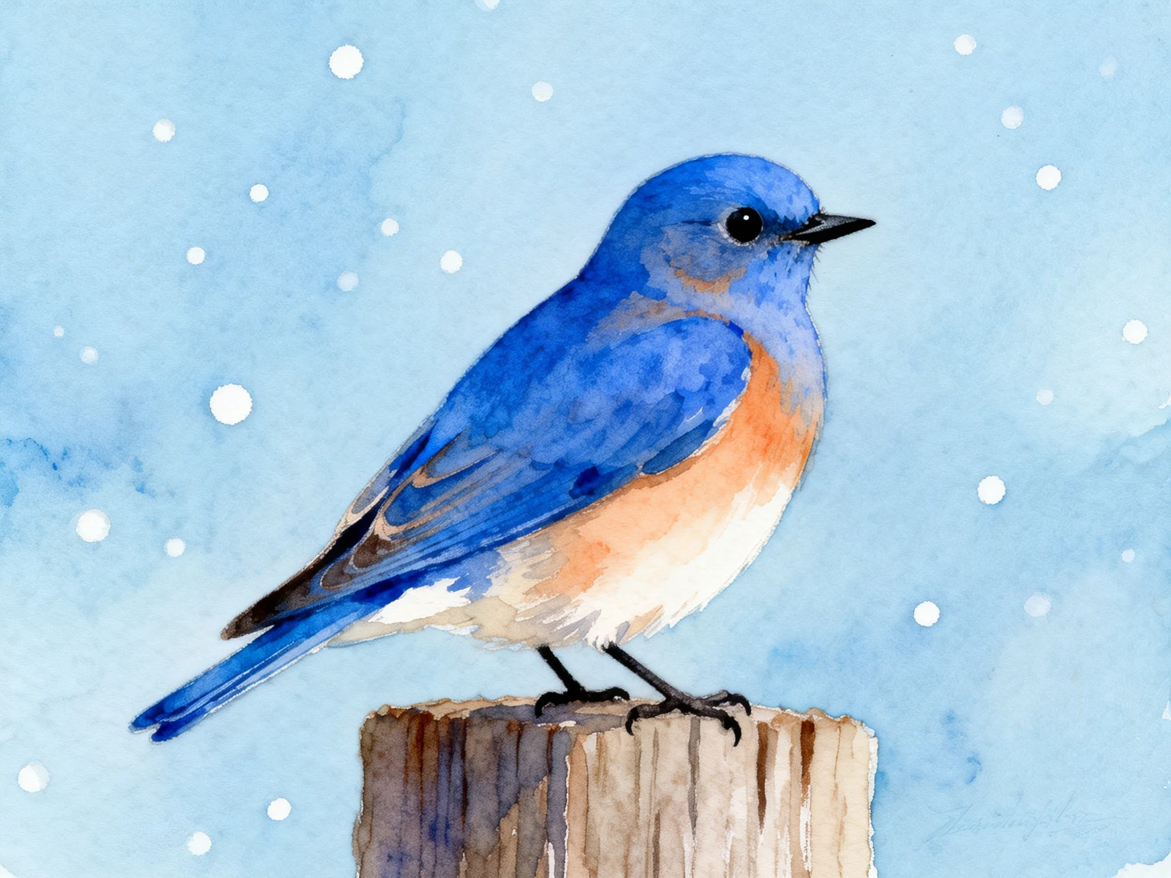A vibrant bluebird perched on a weathered wooden post amid falling snow