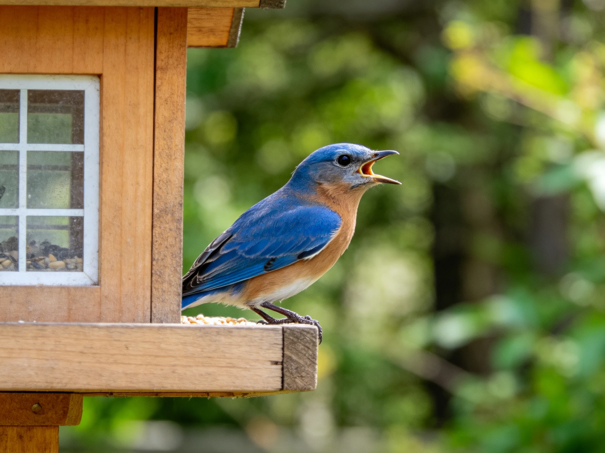 A vibrant bluebird perched on a wooden bird feeder