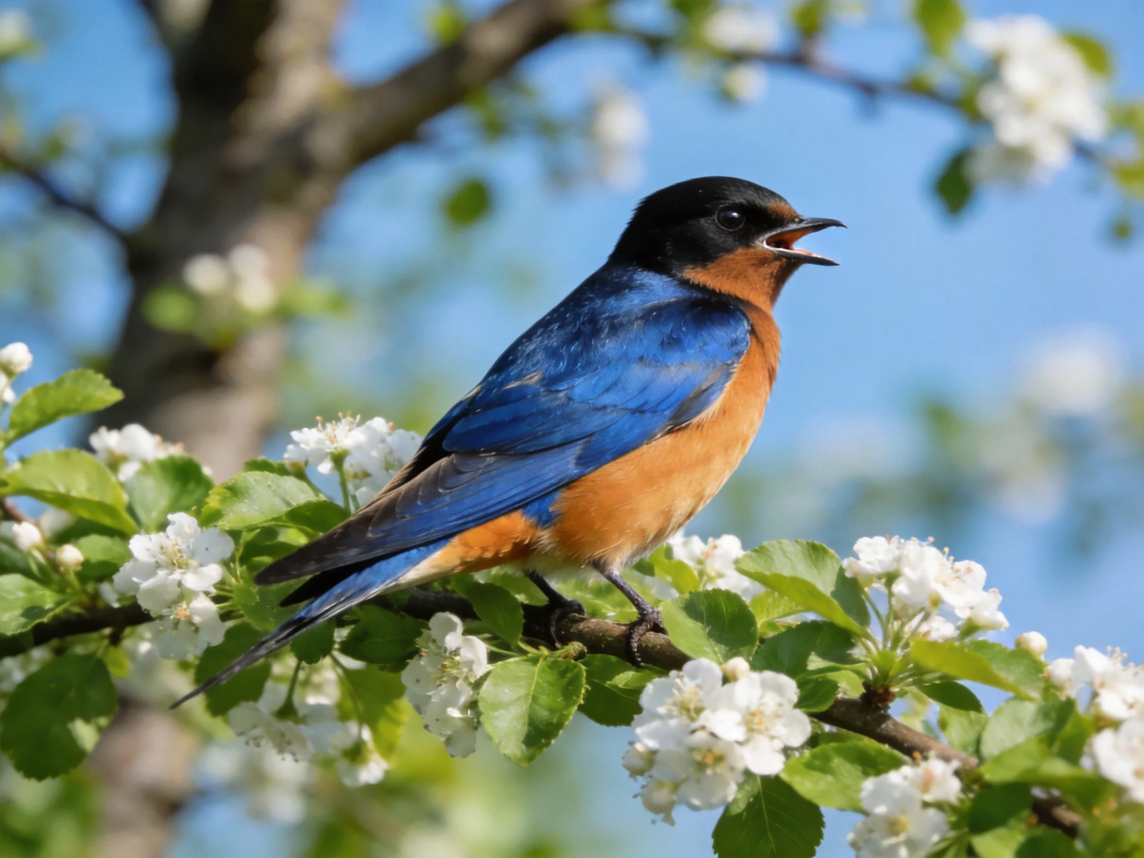 A vibrant bluebird perches on a branch with white blossoms