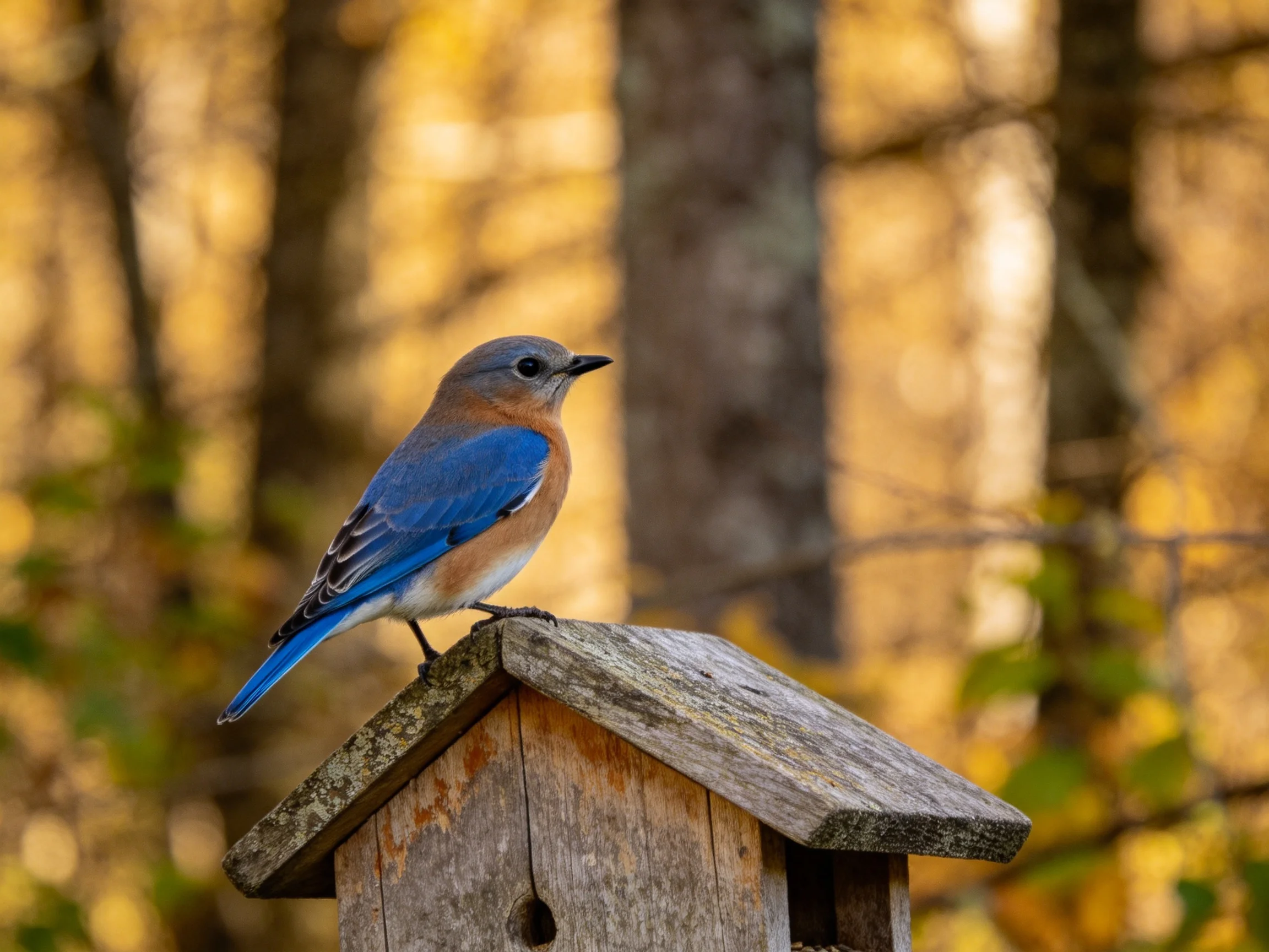 A vibrant bluebird perches on an aged wooden birdhouse