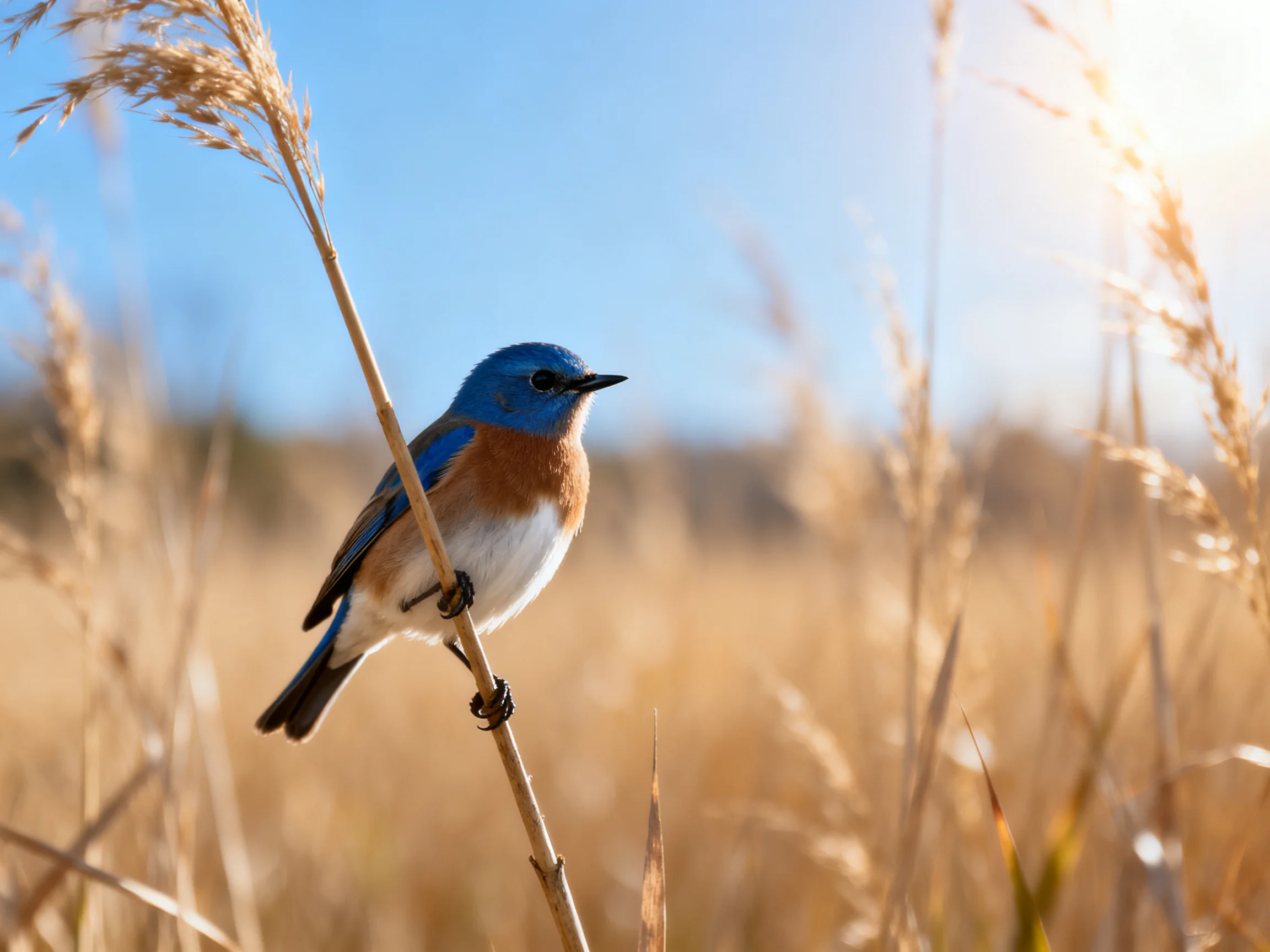 A vibrant bluebird perches on golden reeds under bright sunlight