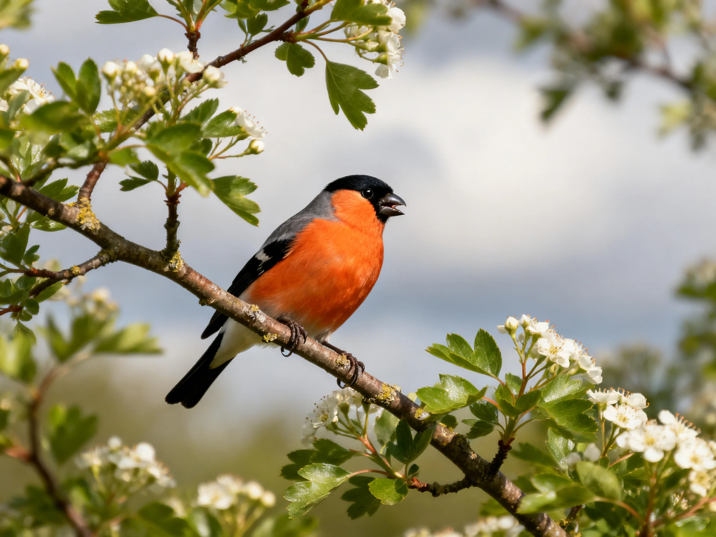 A vibrant bullfinch perches on a flowering tree branch