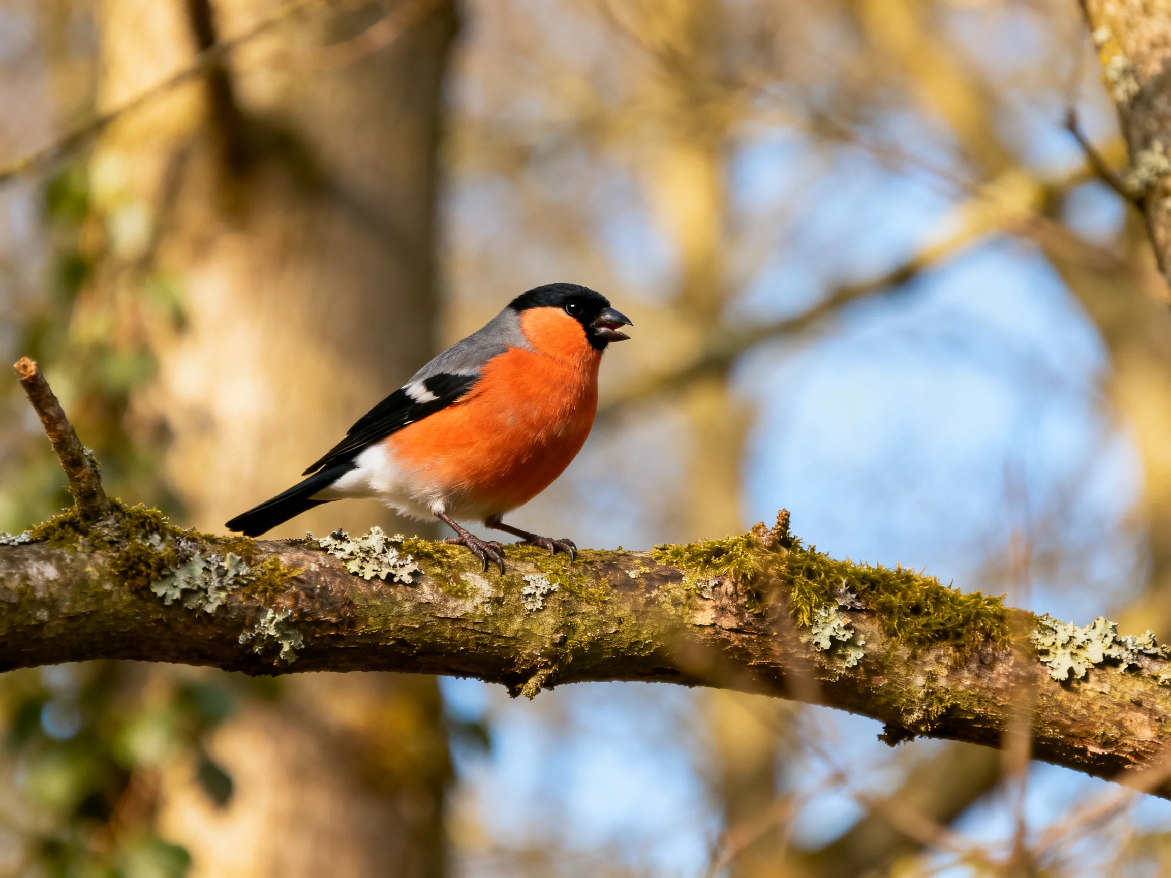 A vibrant bullfinch with orange chest perches on a mossy branch