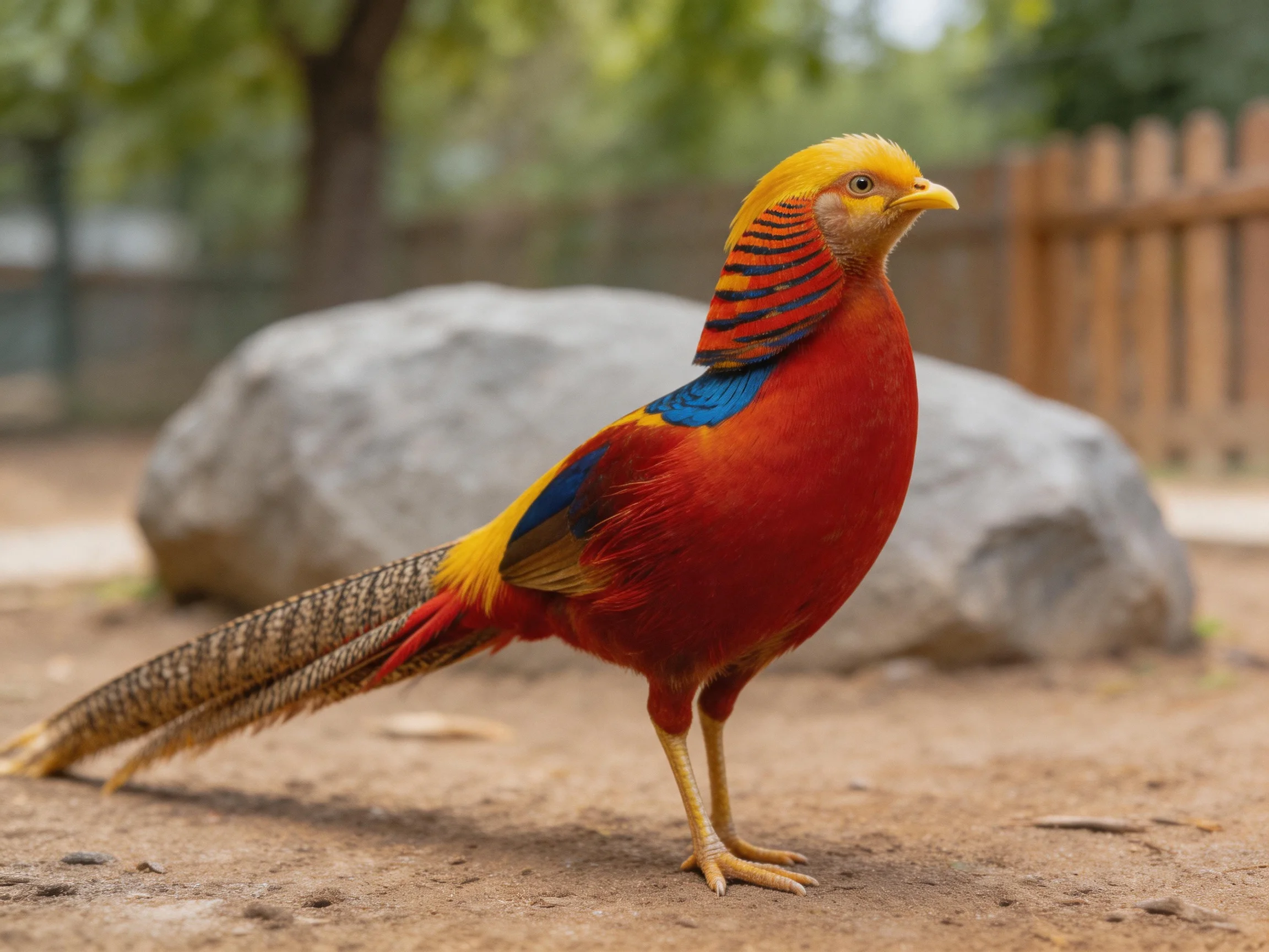 A vibrant golden pheasant with red, blue, yellow plumage