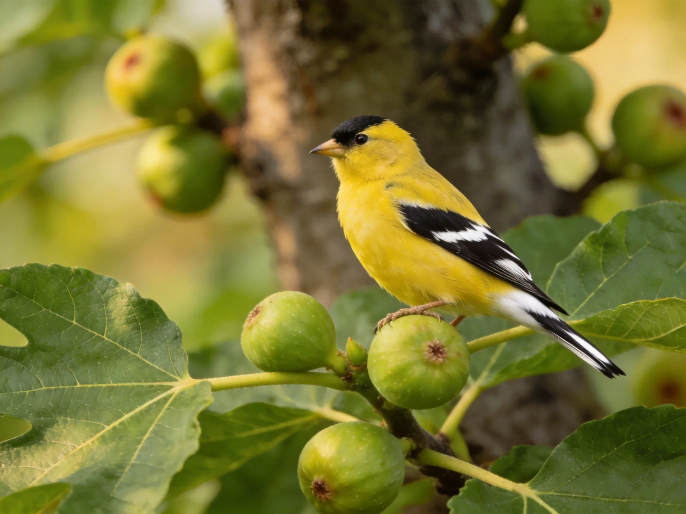 A vibrant goldfinch perched among green figs and broad leaves