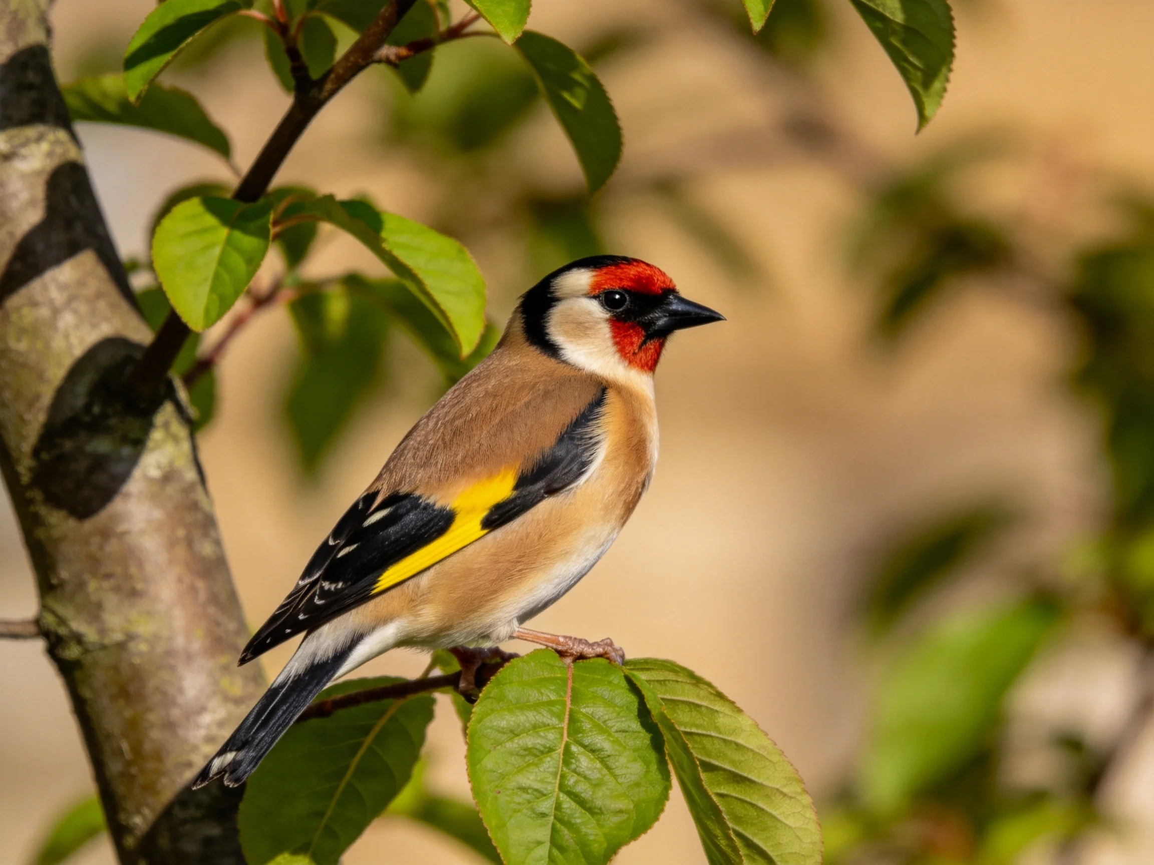 A vibrant goldfinch with red head, yellow wings, and brown plumage