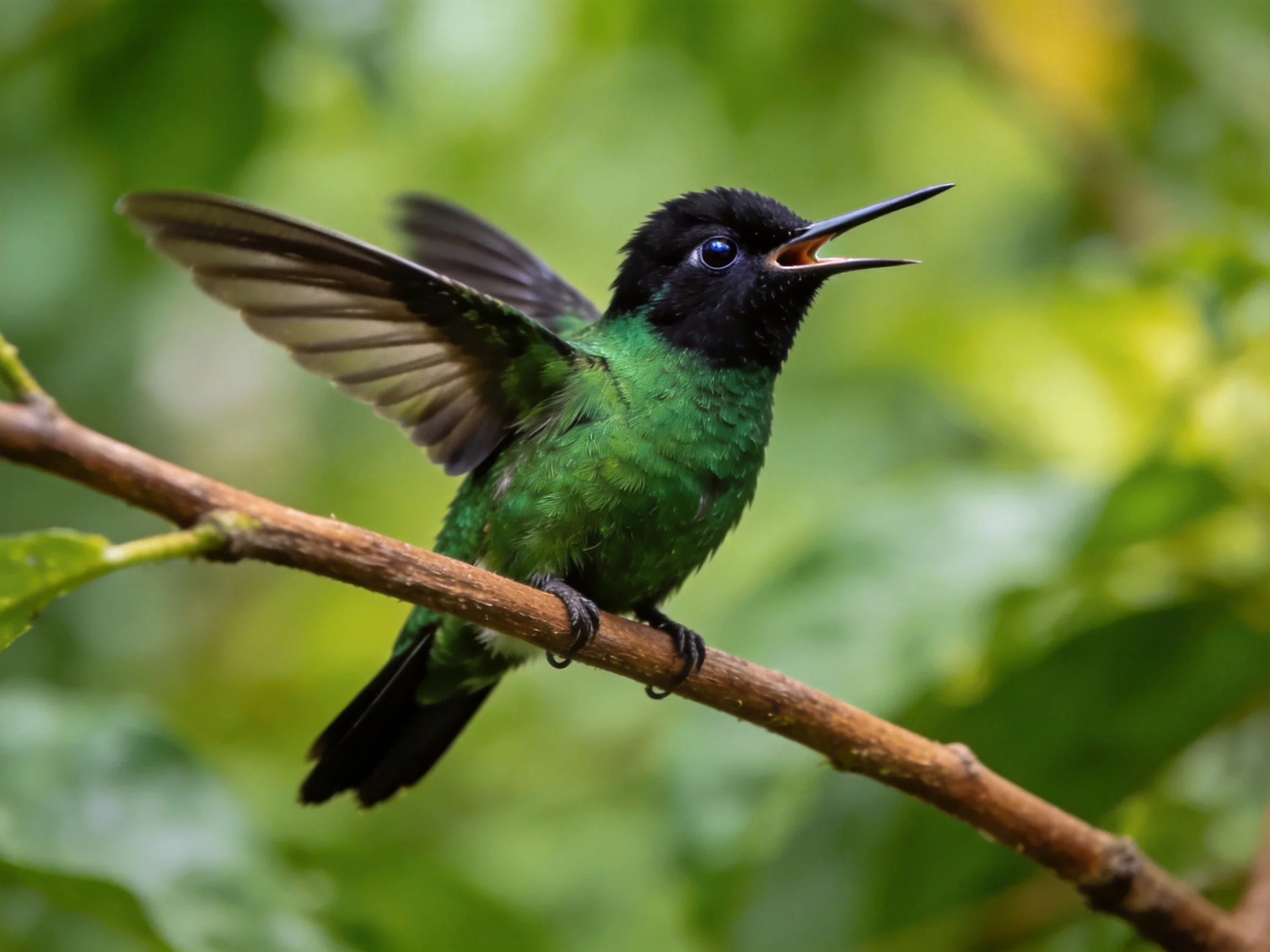 A colorful hummingbird rests on a branch amid lush green foliage.