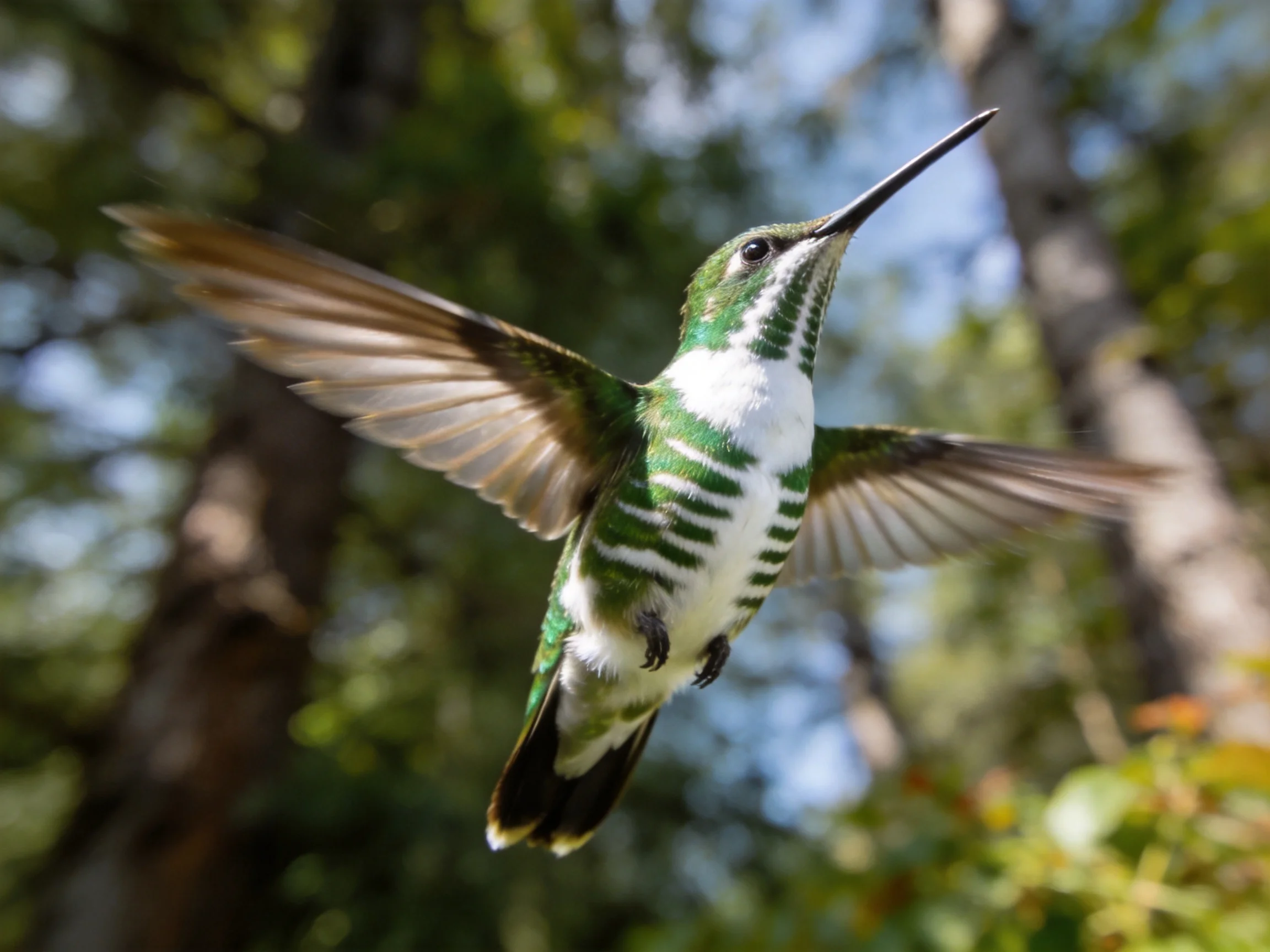 A colorful hummingbird hovers gracefully amid forest vegetation