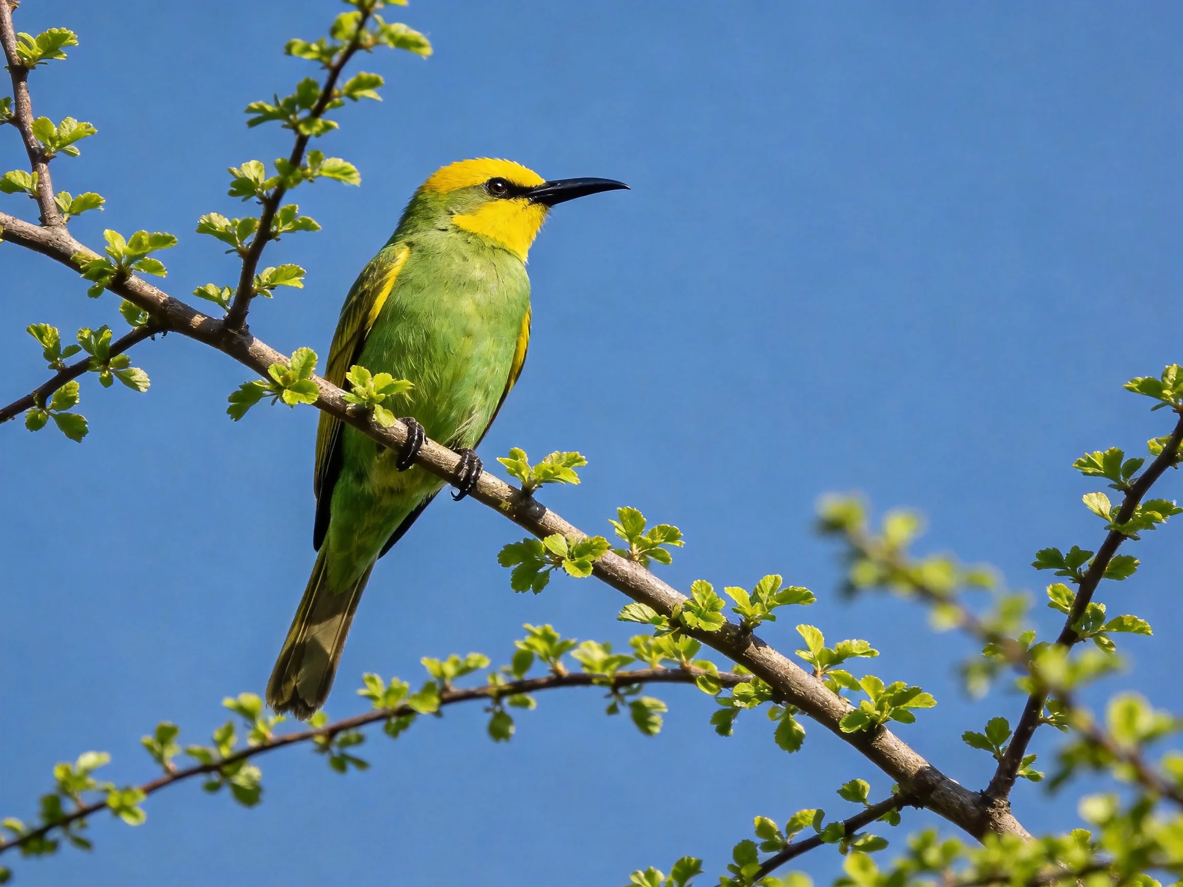 A colorful bird rests on a leaf-covered branch amid a clear blue sky.