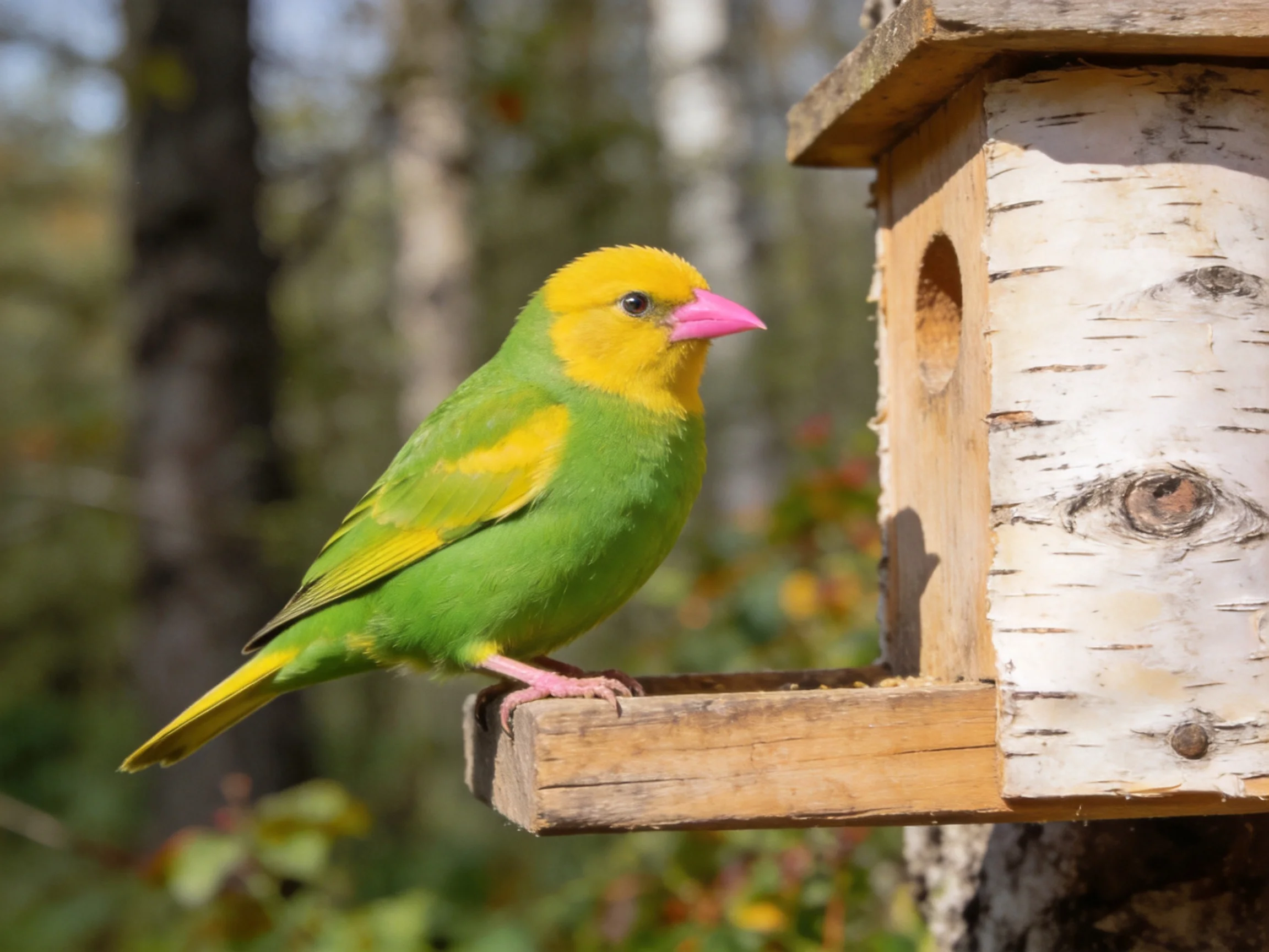 A vibrant green and yellow bird perches on a wooden birdhouse