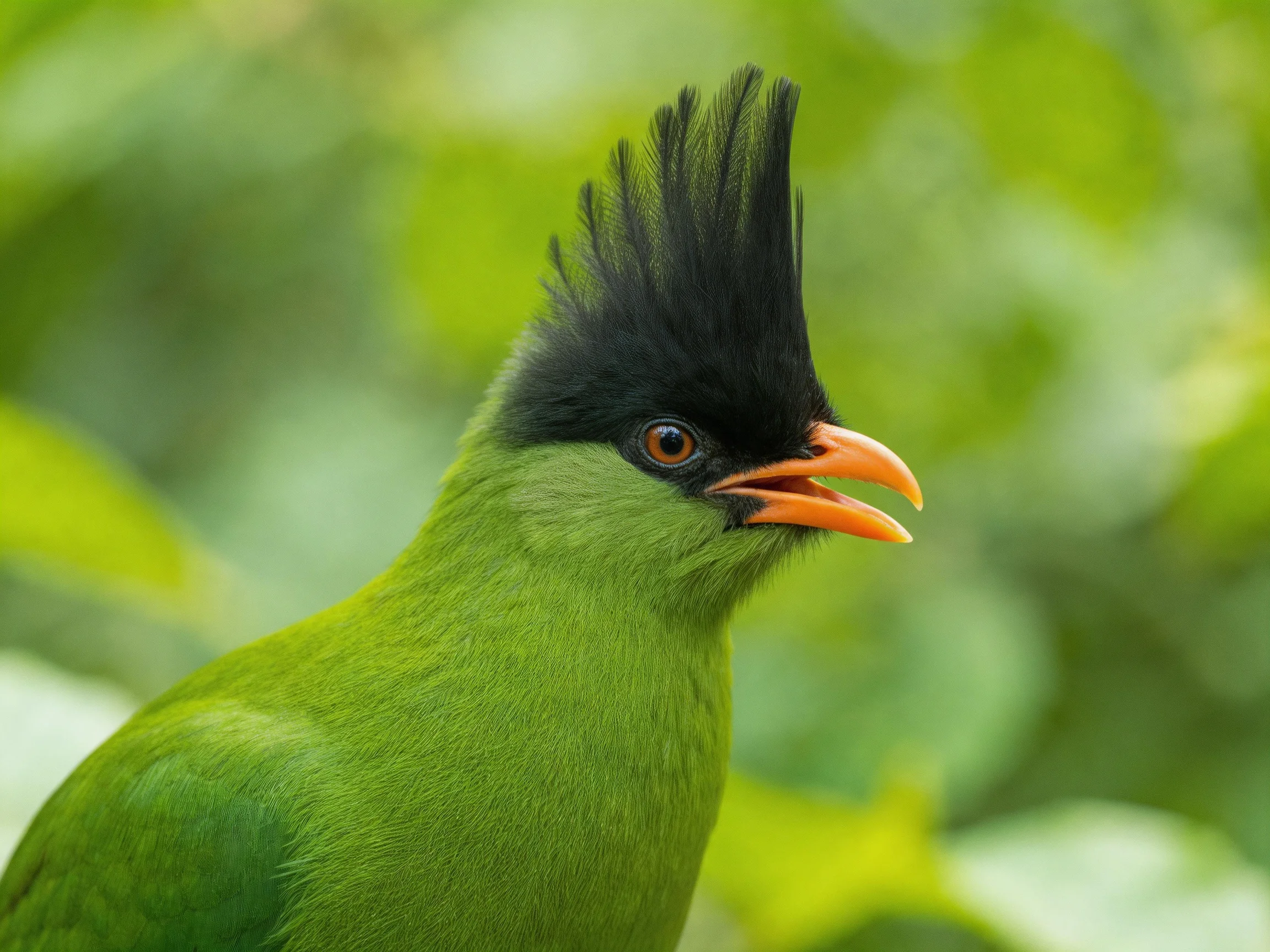 Close-up of a colorful bird with green feathers, black head crest, and orange beak in a green setting.