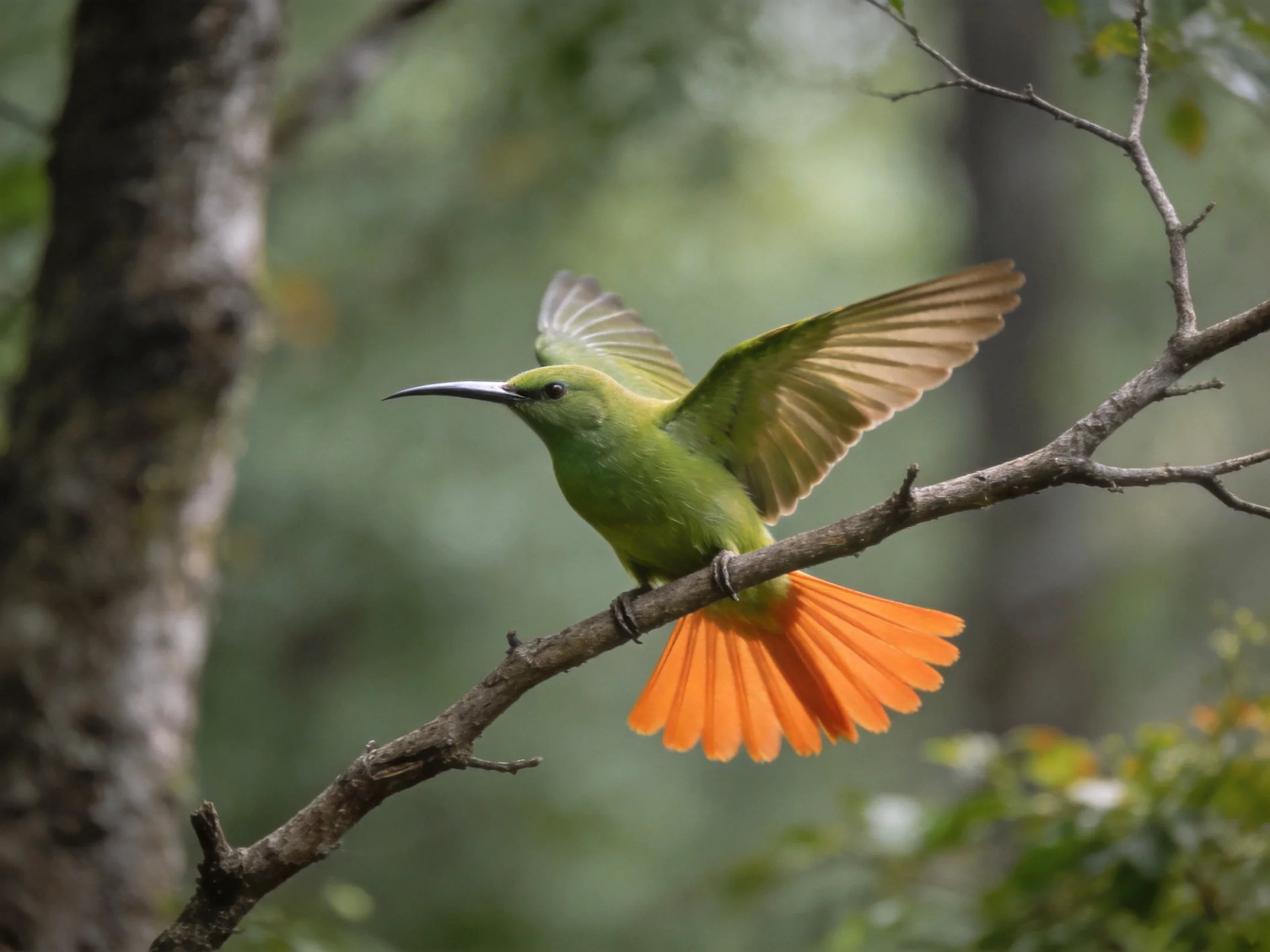 A vibrant green bird with orange tail spreads wings on thin branch