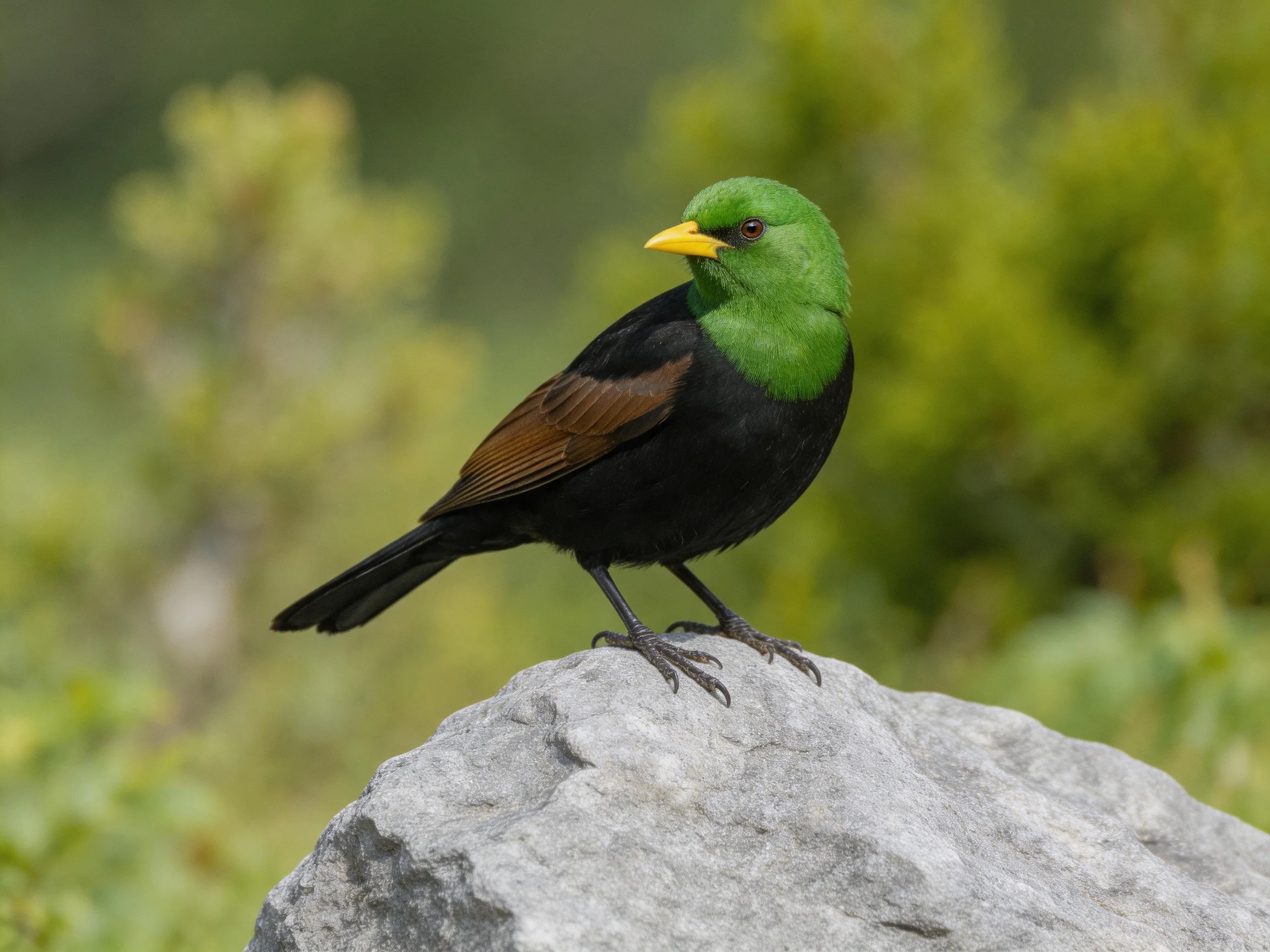 A vibrant green-headed bird with black plumage and brown wings perches on a gray rock