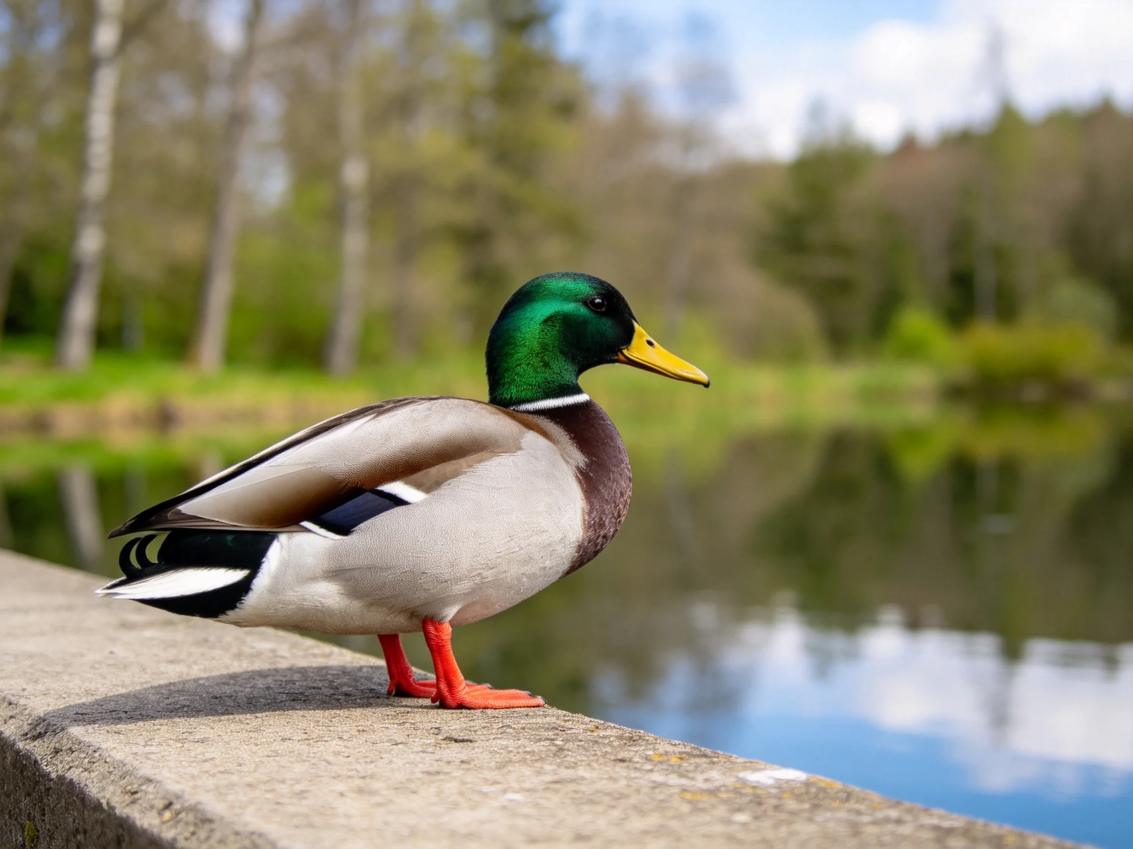 A vibrant green-headed duck perched by a calm water body