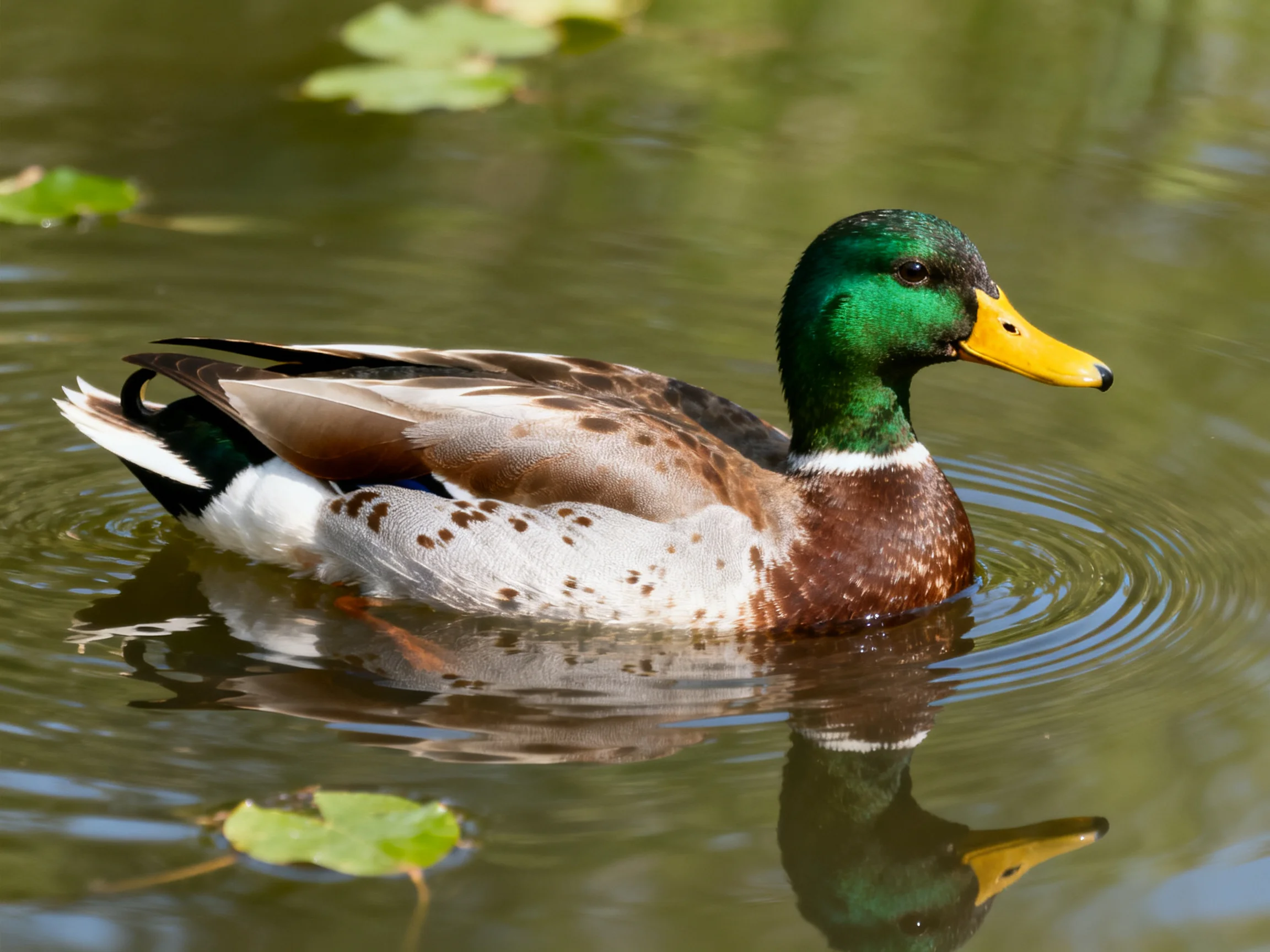 A vibrant green-headed duck swims in calm water with floating leaves