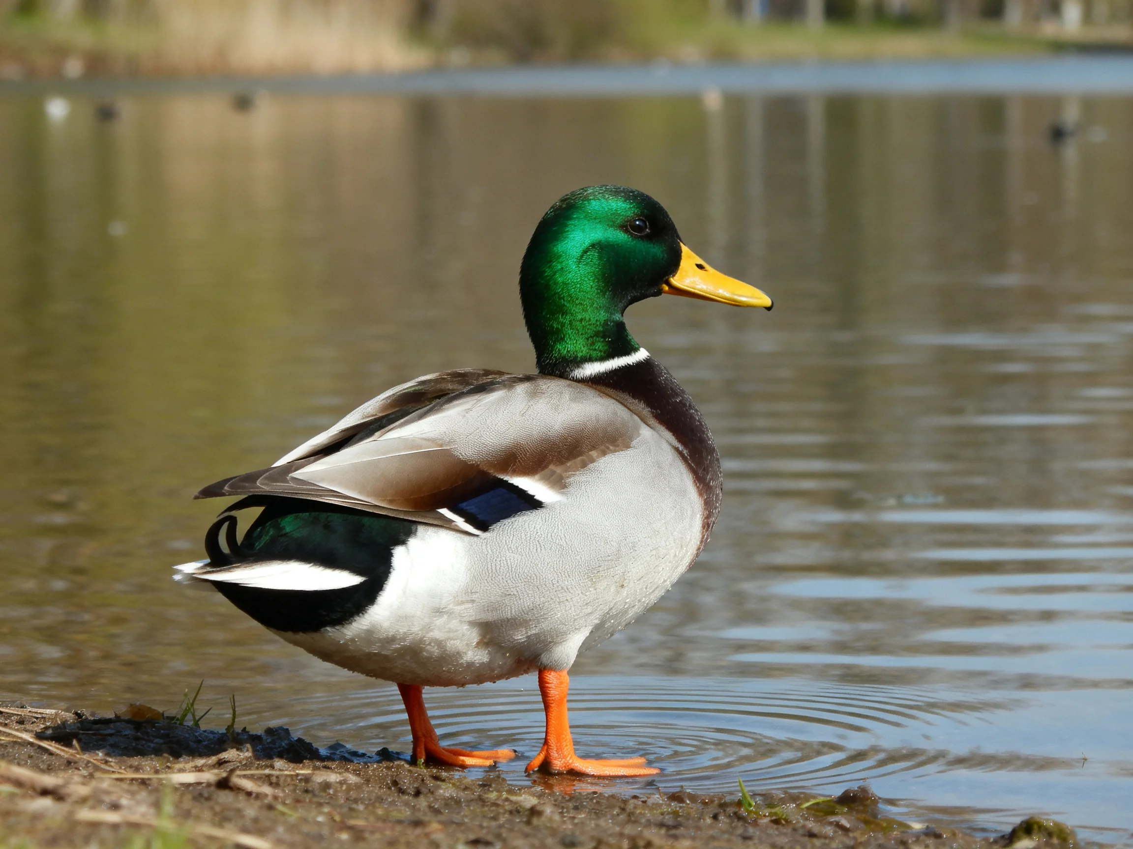 A colorful mallard duck stands by a calm body of water.