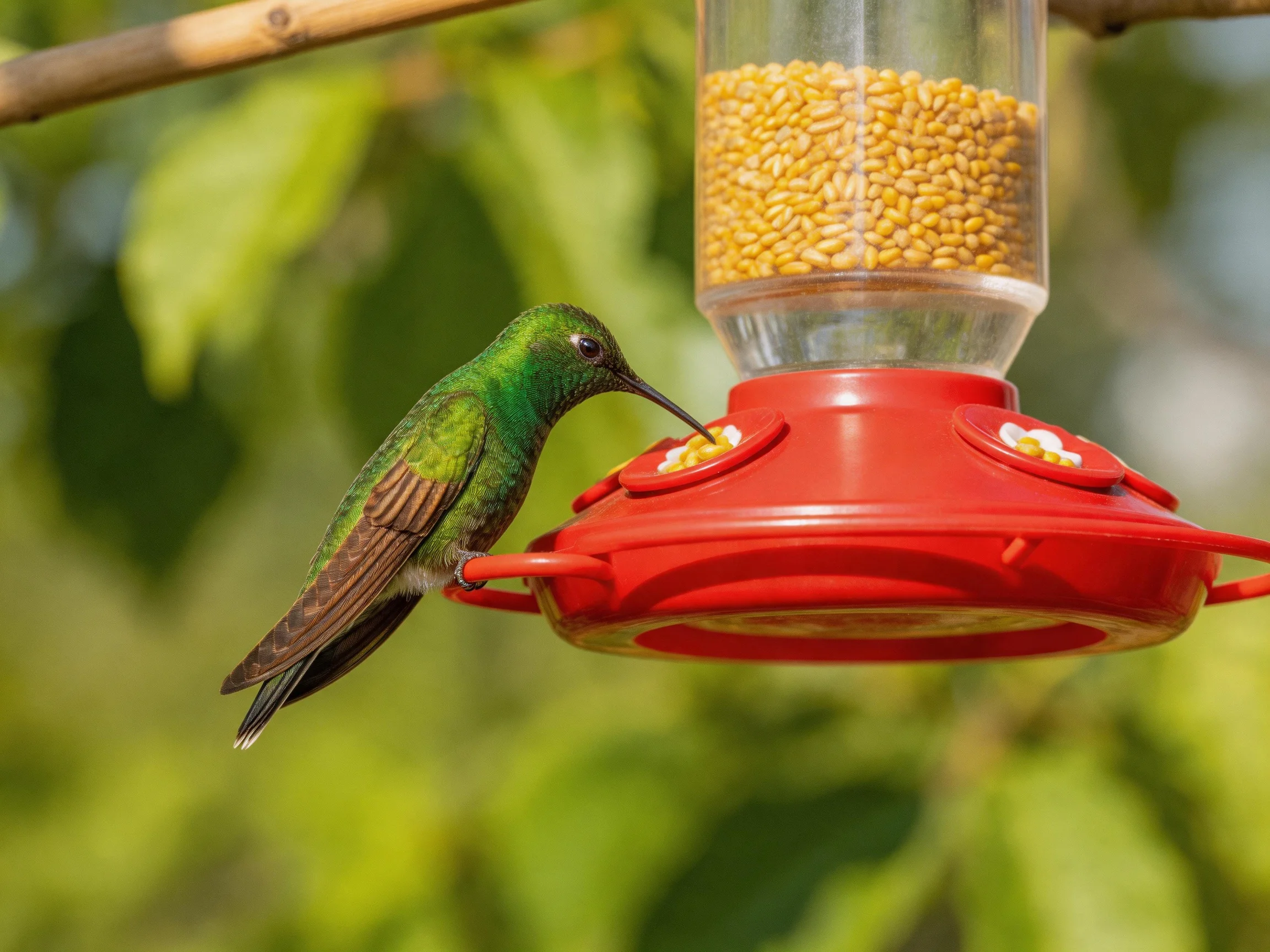 A vibrant green hummingbird feeding from a bright red bird feeder