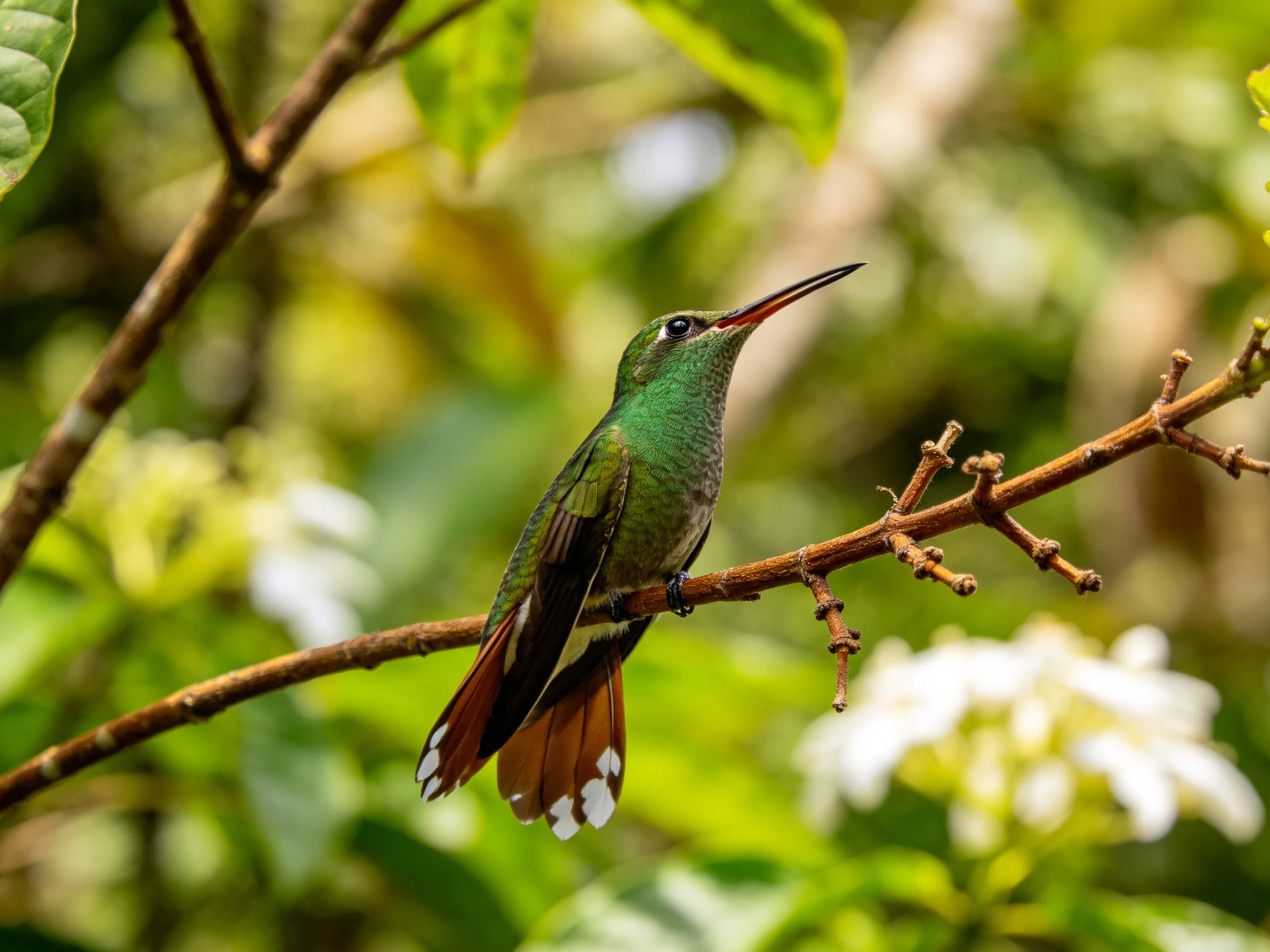 A vibrant green hummingbird perches on a brown tree branch