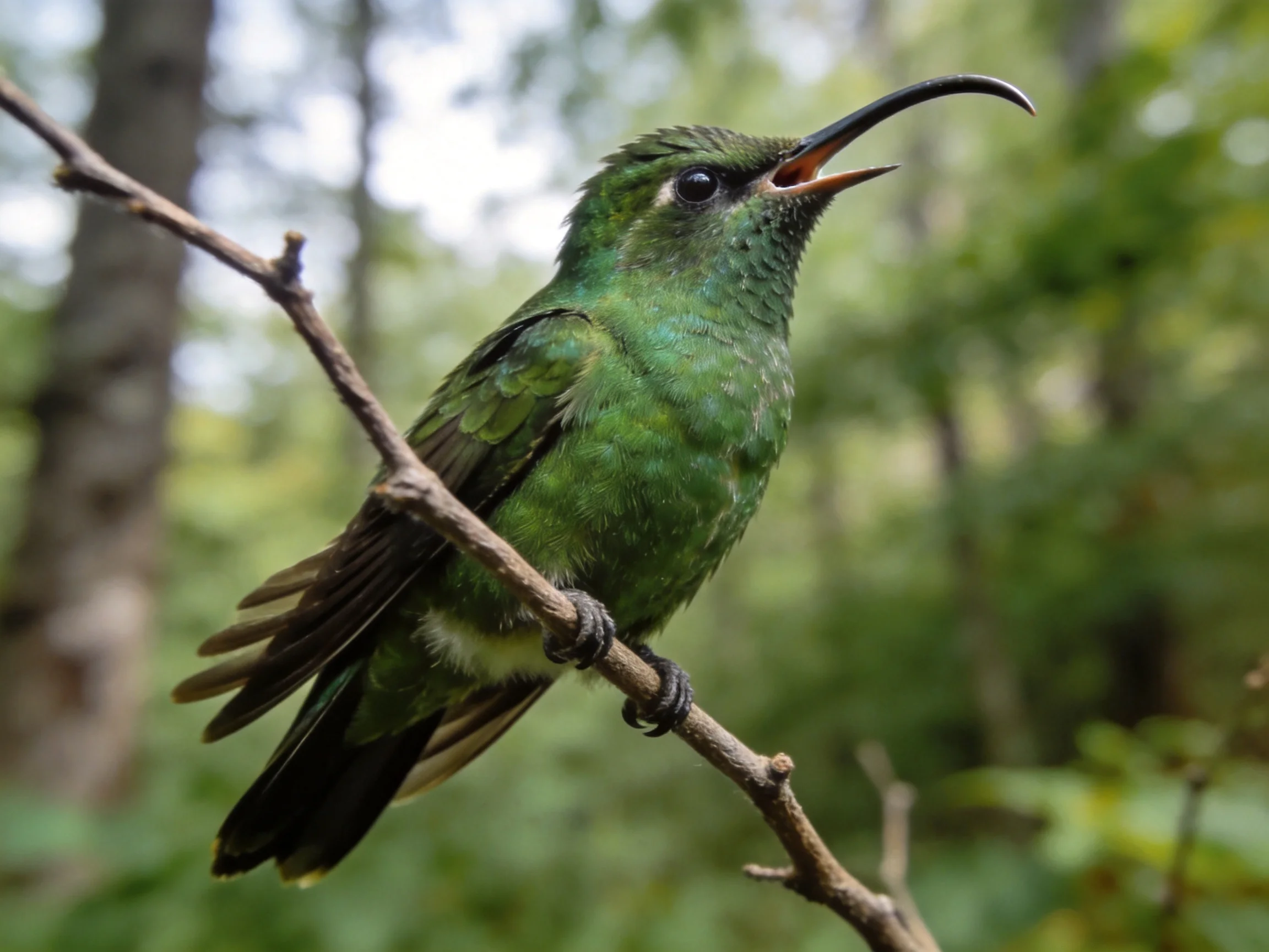 A vibrant green hummingbird perches on a thin tree branch