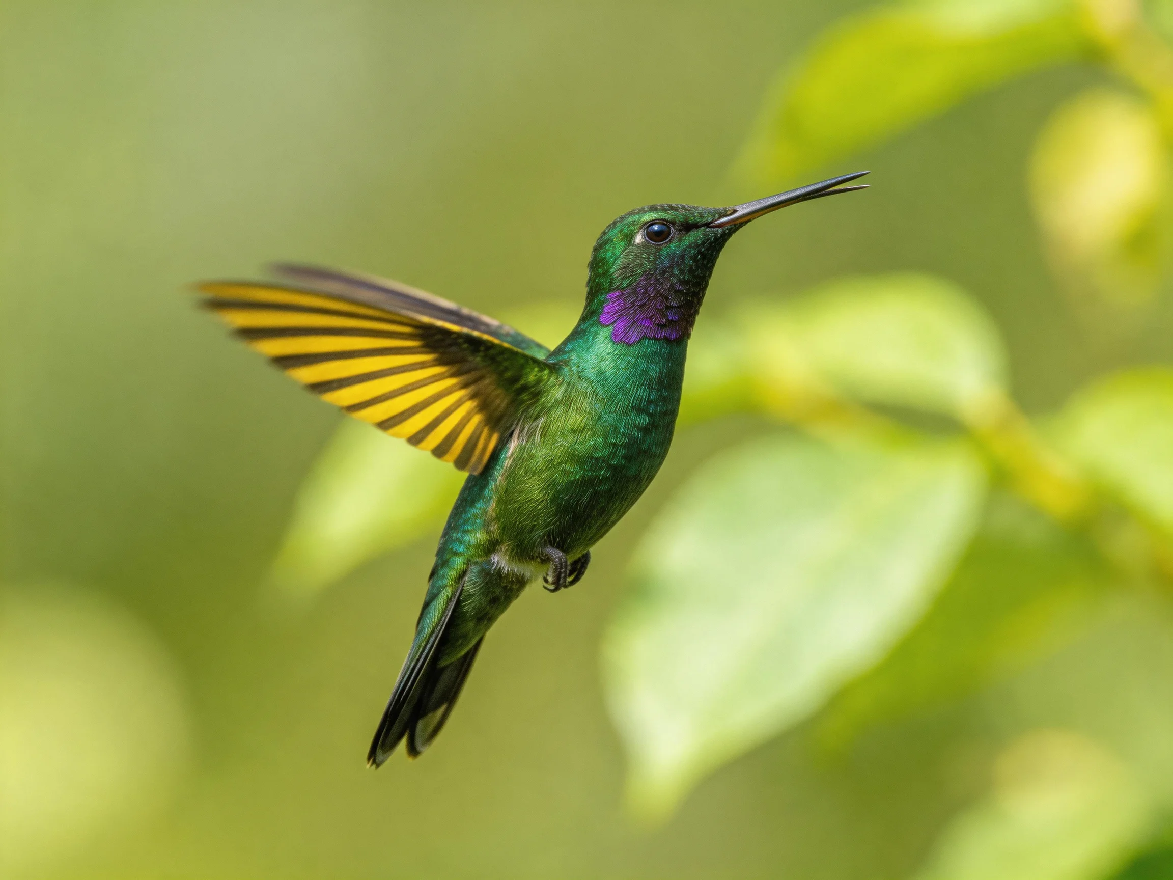 A vibrant green hummingbird with purple throat hoversnear bright leaves