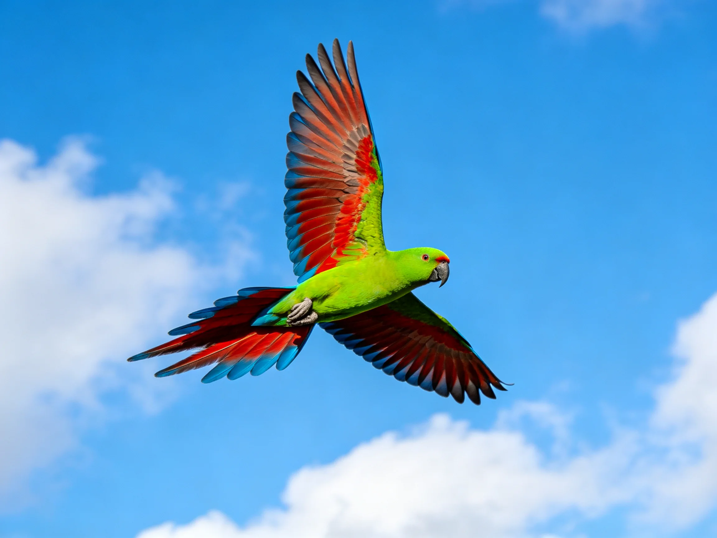 A vibrant green parrot flies with red and blue wing feathers