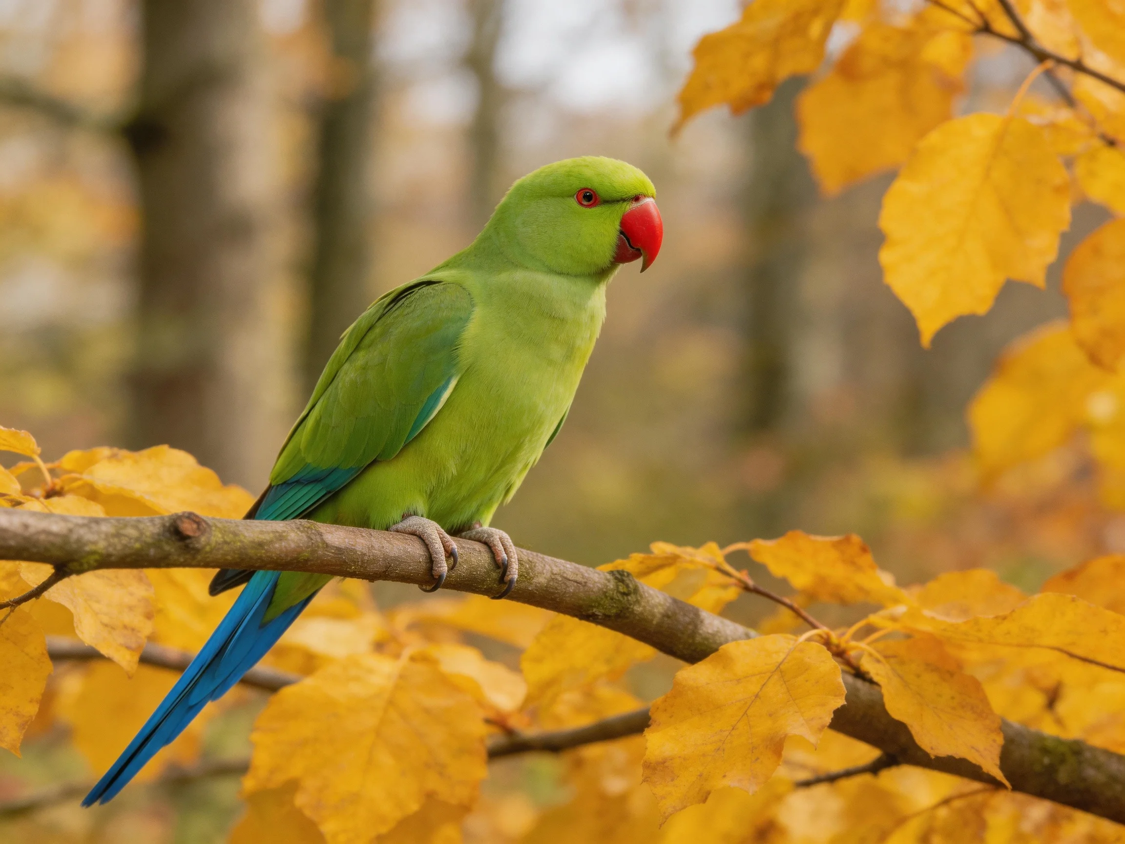 A vibrant green parrot perched on a branch amid golden autumn leaves
