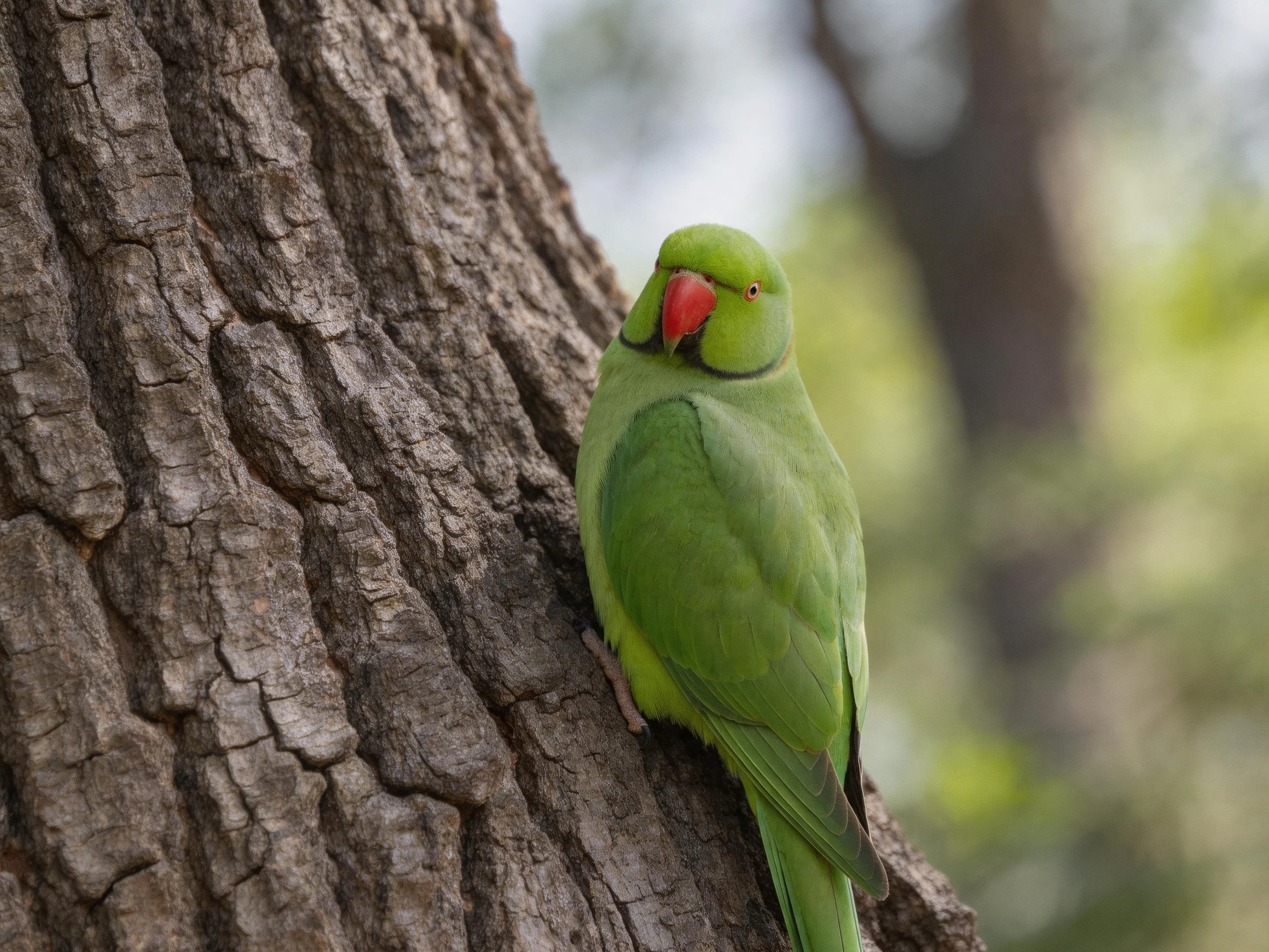 A vibrant green parrot perched on a textured tree trunk